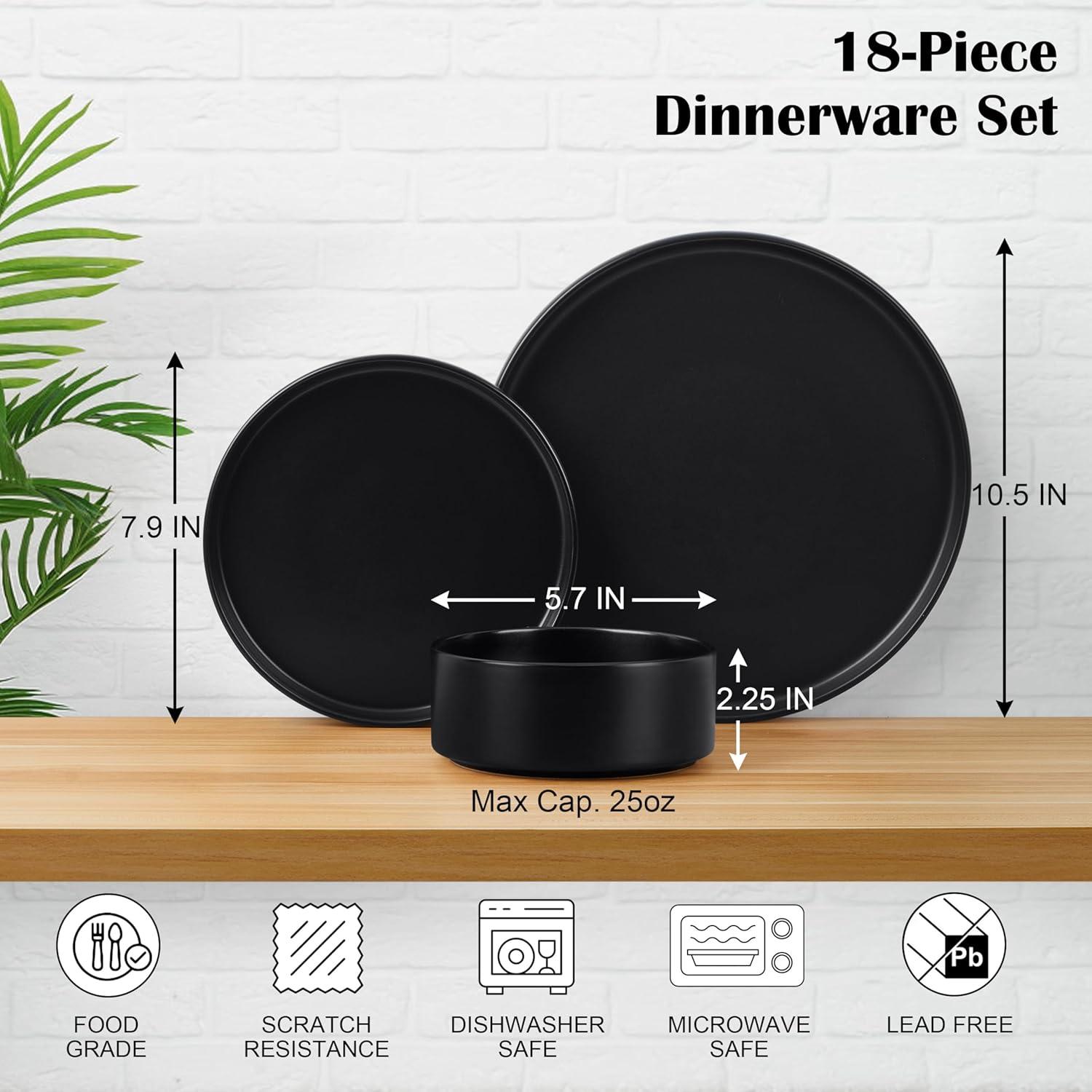 image:imageEfar 16Piece Black Plates and Bowls Sets  Stoneware Dinnerware Sets with Pasta Bowls for 4  Matte Black Kitchen Modern Dish Set Microwave amp Dishwasher SafeMatte Black