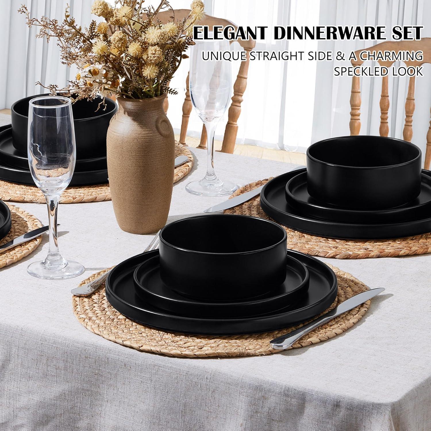 image:imageEfar 16Piece Black Plates and Bowls Sets  Stoneware Dinnerware Sets with Pasta Bowls for 4  Matte Black Kitchen Modern Dish Set Microwave amp Dishwasher SafeMatte Black