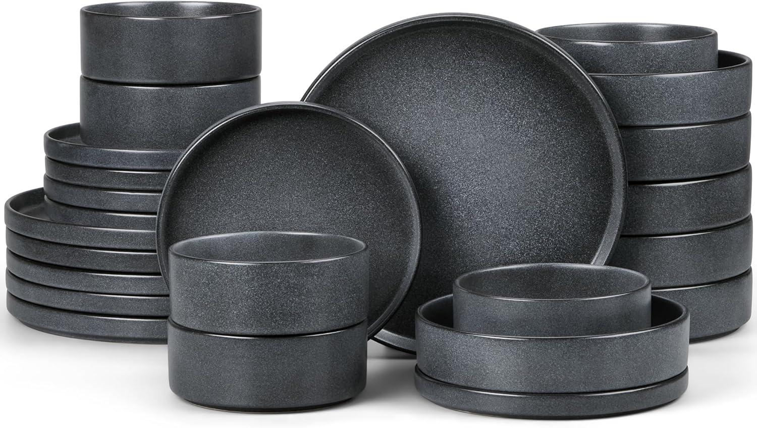 image:imageEfar 16Piece Black Plates and Bowls Sets  Stoneware Dinnerware Sets with Pasta Bowls for 4  Matte Black Kitchen Modern Dish Set Microwave amp Dishwasher SafeDeep Gray