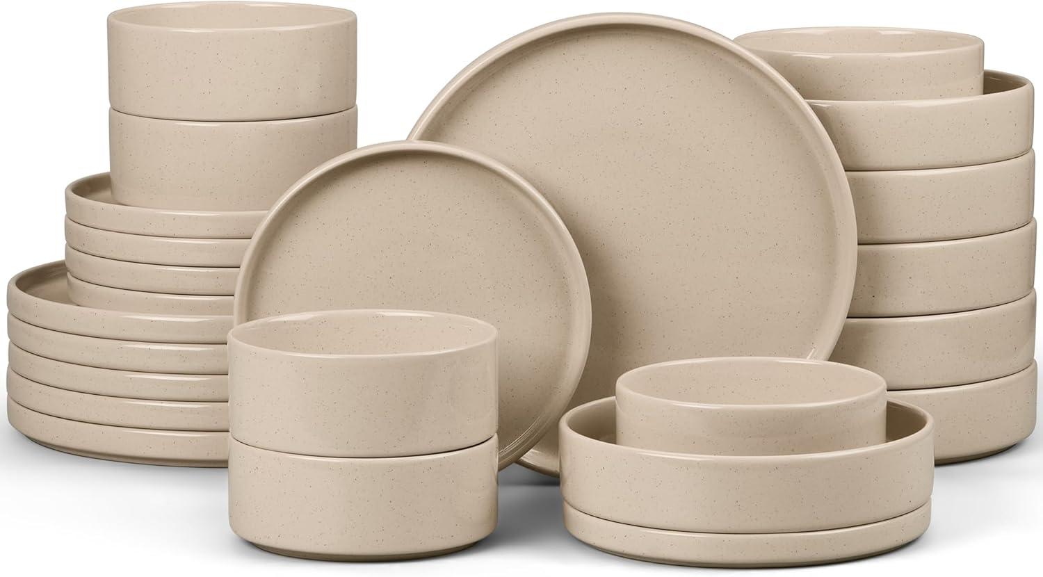 image:imageEfar 16Piece Black Plates and Bowls Sets  Stoneware Dinnerware Sets with Pasta Bowls for 4  Matte Black Kitchen Modern Dish Set Microwave amp Dishwasher SafeBright Khaki