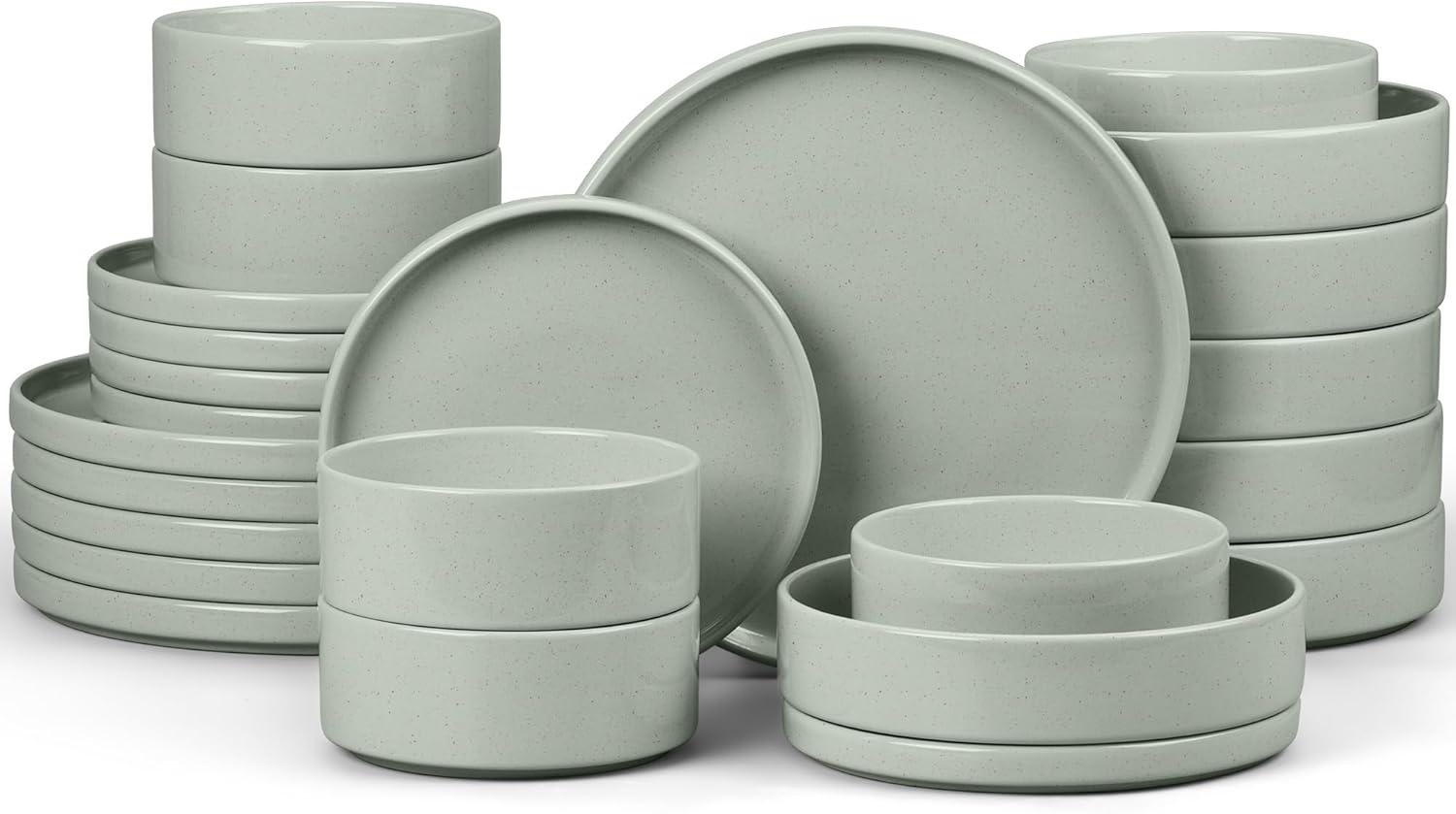 image:imageEfar 16Piece Black Plates and Bowls Sets  Stoneware Dinnerware Sets with Pasta Bowls for 4  Matte Black Kitchen Modern Dish Set Microwave amp Dishwasher SafeMist Green