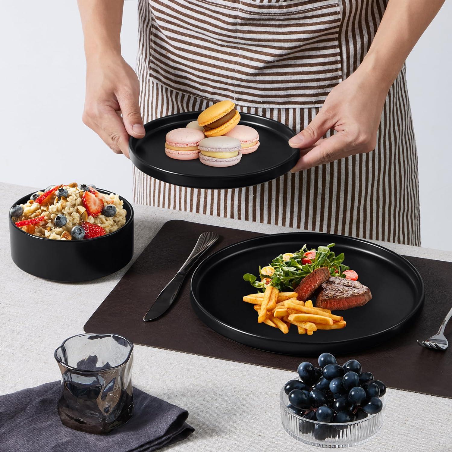 image:imageEfar 16Piece Black Plates and Bowls Sets  Stoneware Dinnerware Sets with Pasta Bowls for 4  Matte Black Kitchen Modern Dish Set Microwave amp Dishwasher SafeMatte Black
