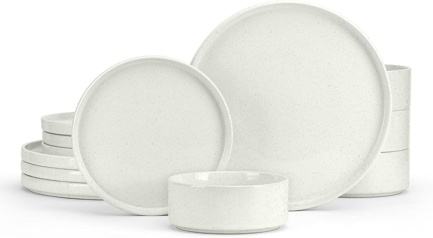 image:imageEfar 16Piece Black Plates and Bowls Sets  Stoneware Dinnerware Sets with Pasta Bowls for 4  Matte Black Kitchen Modern Dish Set Microwave amp Dishwasher SafeStone White