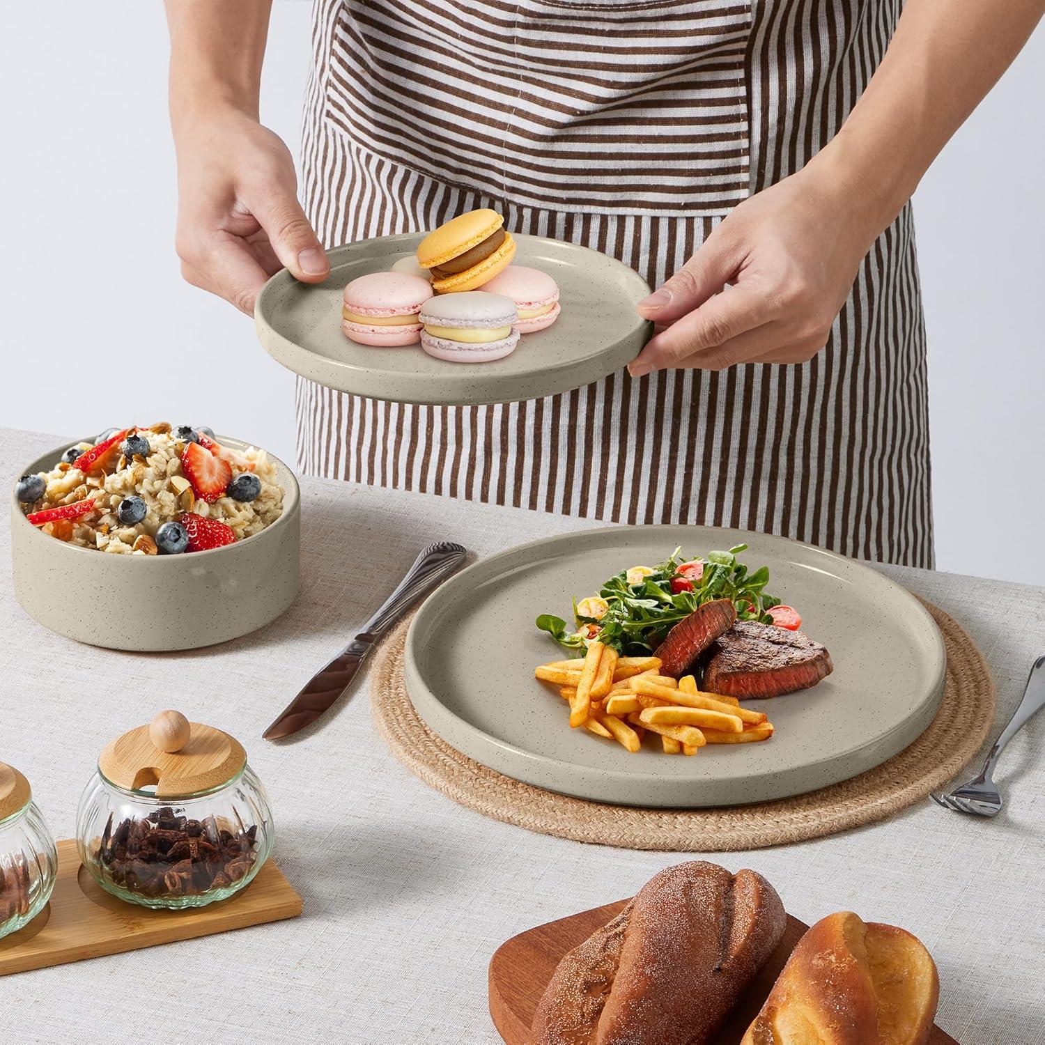 image:imageEfar 16Piece Black Plates and Bowls Sets  Stoneware Dinnerware Sets with Pasta Bowls for 4  Matte Black Kitchen Modern Dish Set Microwave amp Dishwasher SafeDeep Khaki