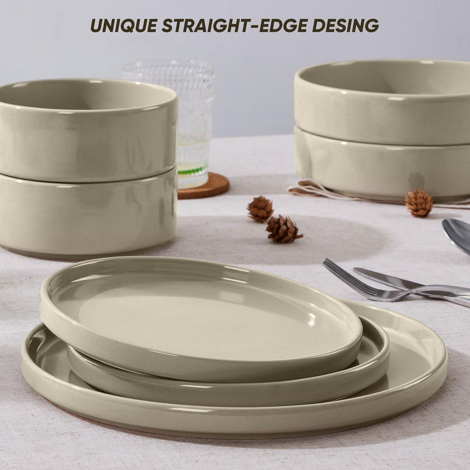 image:imageEfar 16Piece Black Plates and Bowls Sets  Stoneware Dinnerware Sets with Pasta Bowls for 4  Matte Black Kitchen Modern Dish Set Microwave amp Dishwasher SafeDeep Khaki