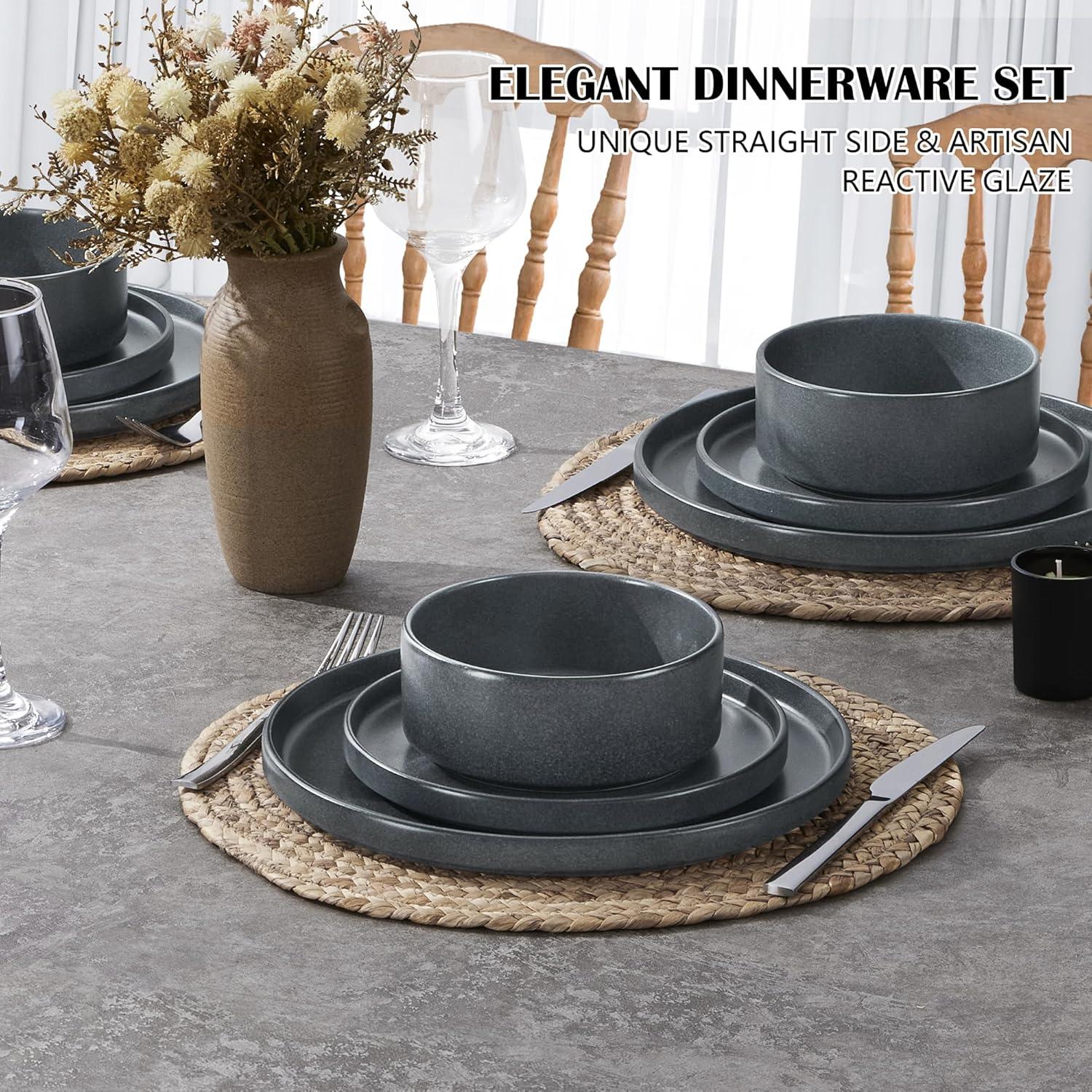 image:imageEfar 16Piece Black Plates and Bowls Sets  Stoneware Dinnerware Sets with Pasta Bowls for 4  Matte Black Kitchen Modern Dish Set Microwave amp Dishwasher SafeDeep Gray