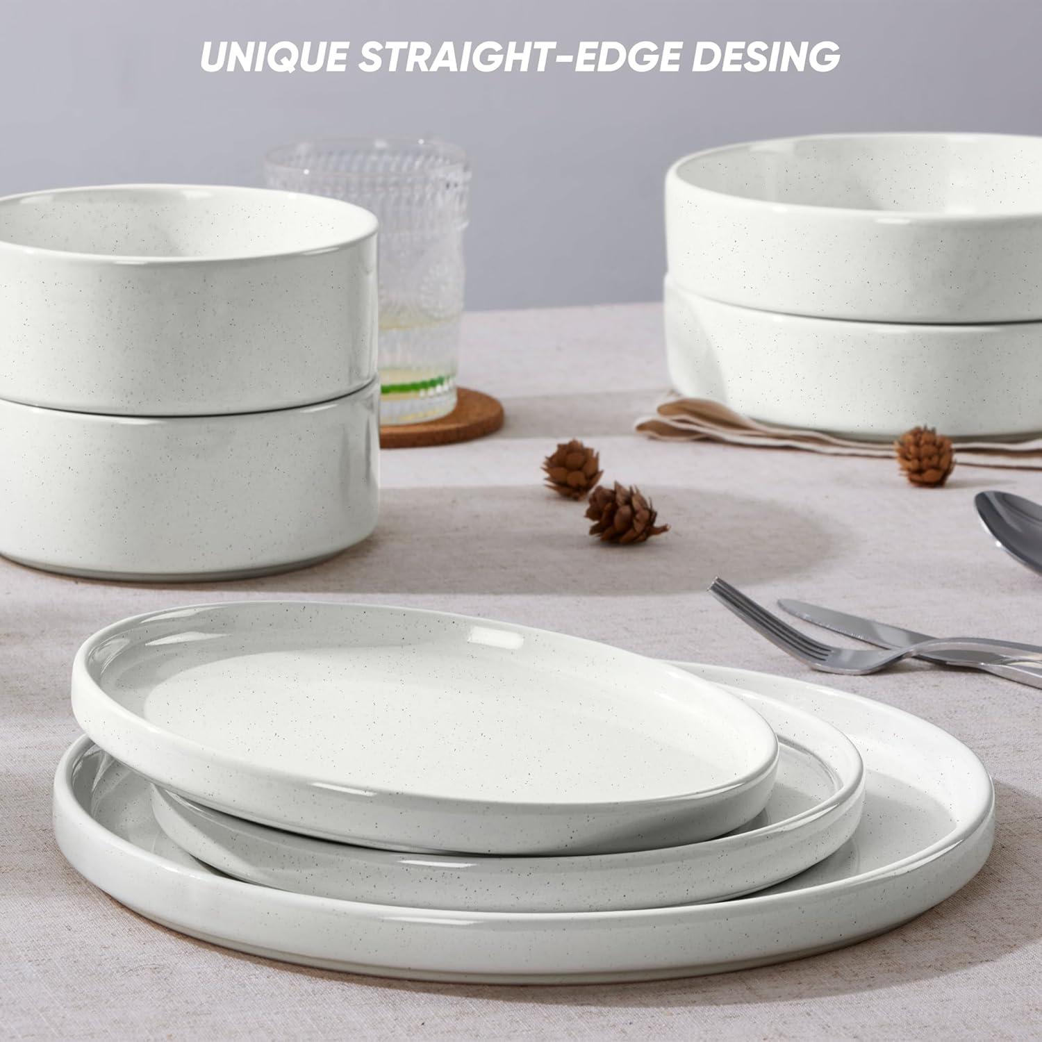 image:imageEfar 16Piece Black Plates and Bowls Sets  Stoneware Dinnerware Sets with Pasta Bowls for 4  Matte Black Kitchen Modern Dish Set Microwave amp Dishwasher SafeStone White