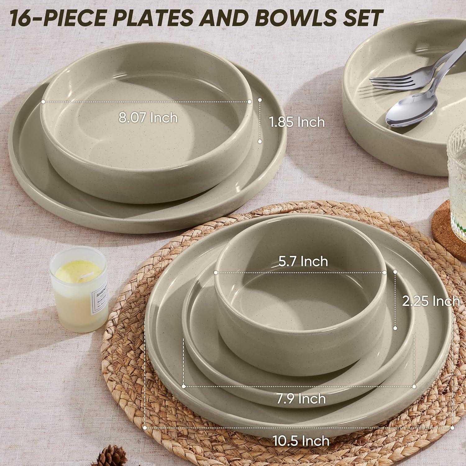 image:imageEfar 16Piece Black Plates and Bowls Sets  Stoneware Dinnerware Sets with Pasta Bowls for 4  Matte Black Kitchen Modern Dish Set Microwave amp Dishwasher SafeDeep Khaki
