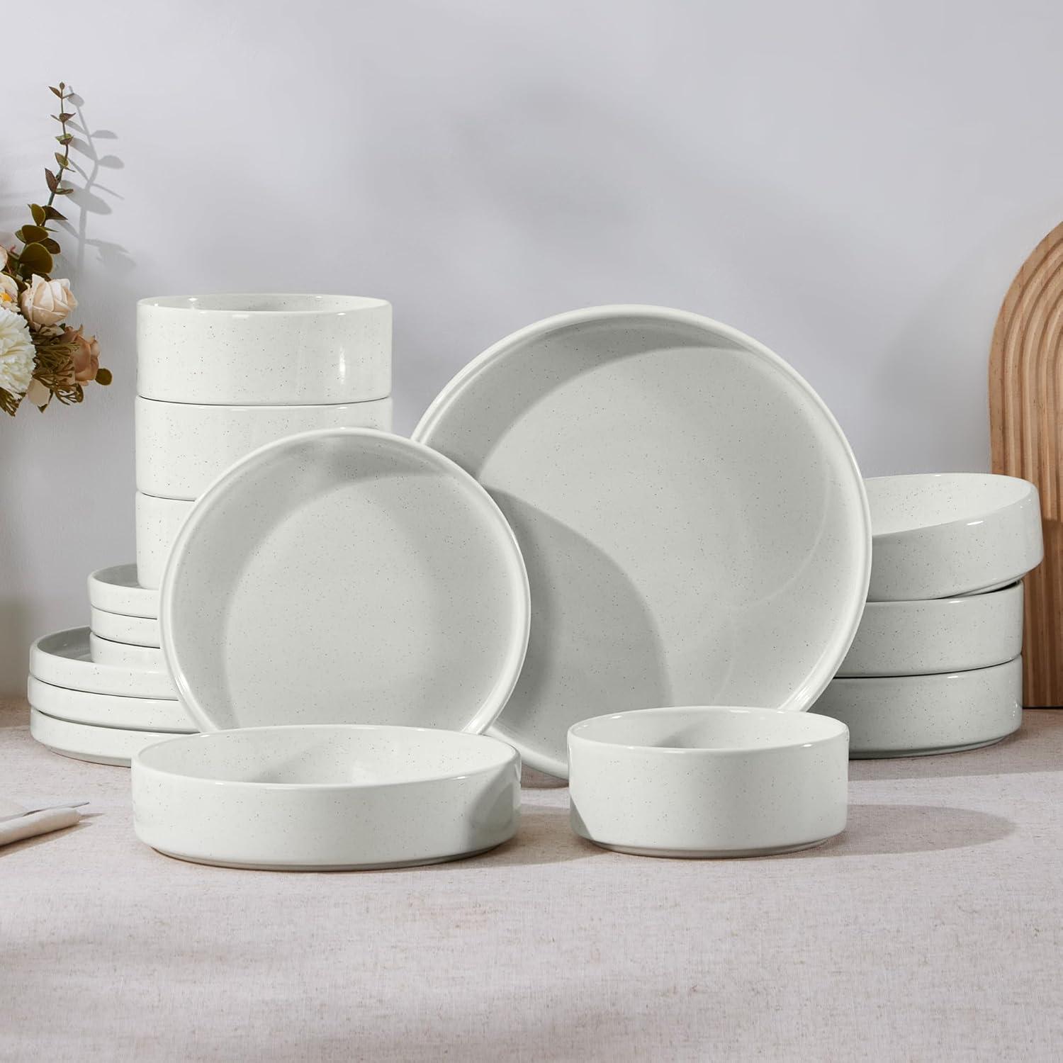 image:imageEfar 16Piece Black Plates and Bowls Sets  Stoneware Dinnerware Sets with Pasta Bowls for 4  Matte Black Kitchen Modern Dish Set Microwave amp Dishwasher SafeStone White