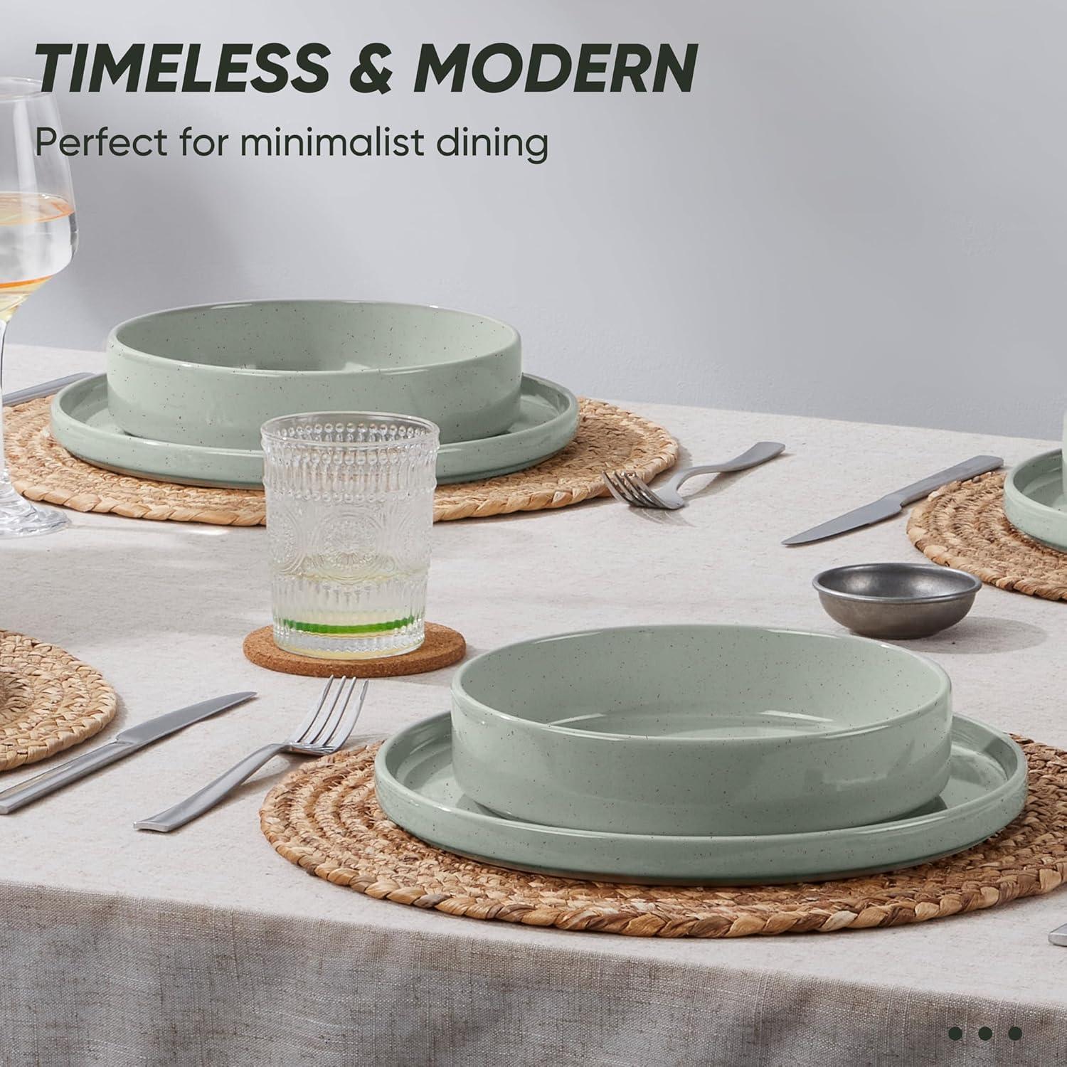 image:imageEfar 16Piece Black Plates and Bowls Sets  Stoneware Dinnerware Sets with Pasta Bowls for 4  Matte Black Kitchen Modern Dish Set Microwave amp Dishwasher SafeMist Green