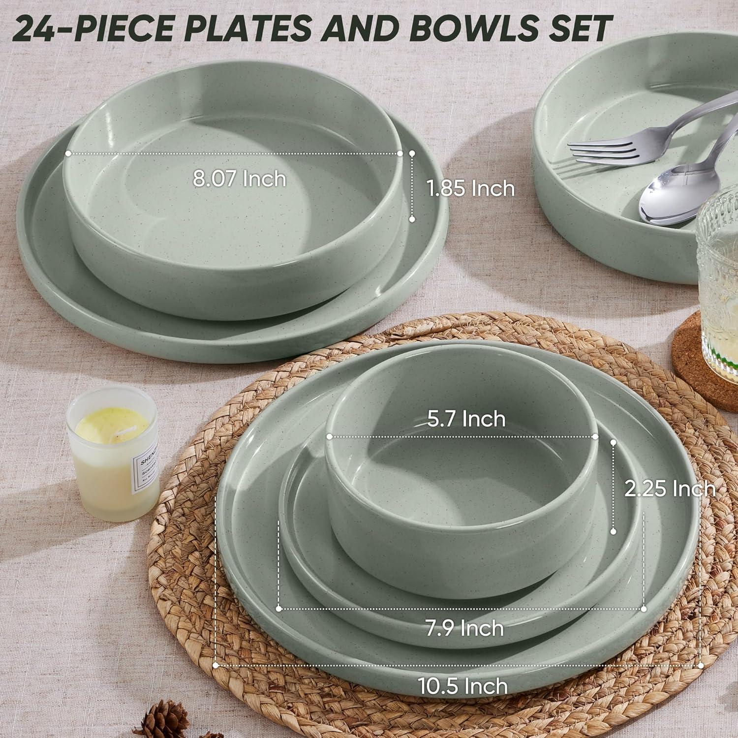 image:imageEfar 16Piece Black Plates and Bowls Sets  Stoneware Dinnerware Sets with Pasta Bowls for 4  Matte Black Kitchen Modern Dish Set Microwave amp Dishwasher SafeMist Green