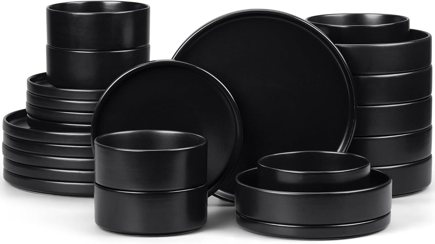 image:imageEfar 16Piece Black Plates and Bowls Sets  Stoneware Dinnerware Sets with Pasta Bowls for 4  Matte Black Kitchen Modern Dish Set Microwave amp Dishwasher SafeMatte Black