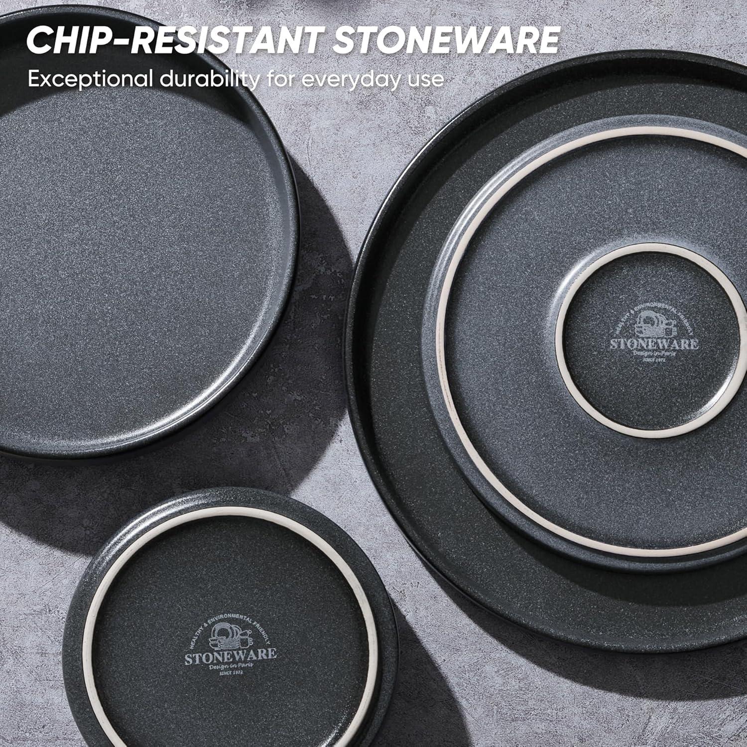 image:imageEfar 16Piece Black Plates and Bowls Sets  Stoneware Dinnerware Sets with Pasta Bowls for 4  Matte Black Kitchen Modern Dish Set Microwave amp Dishwasher SafeDeep Gray