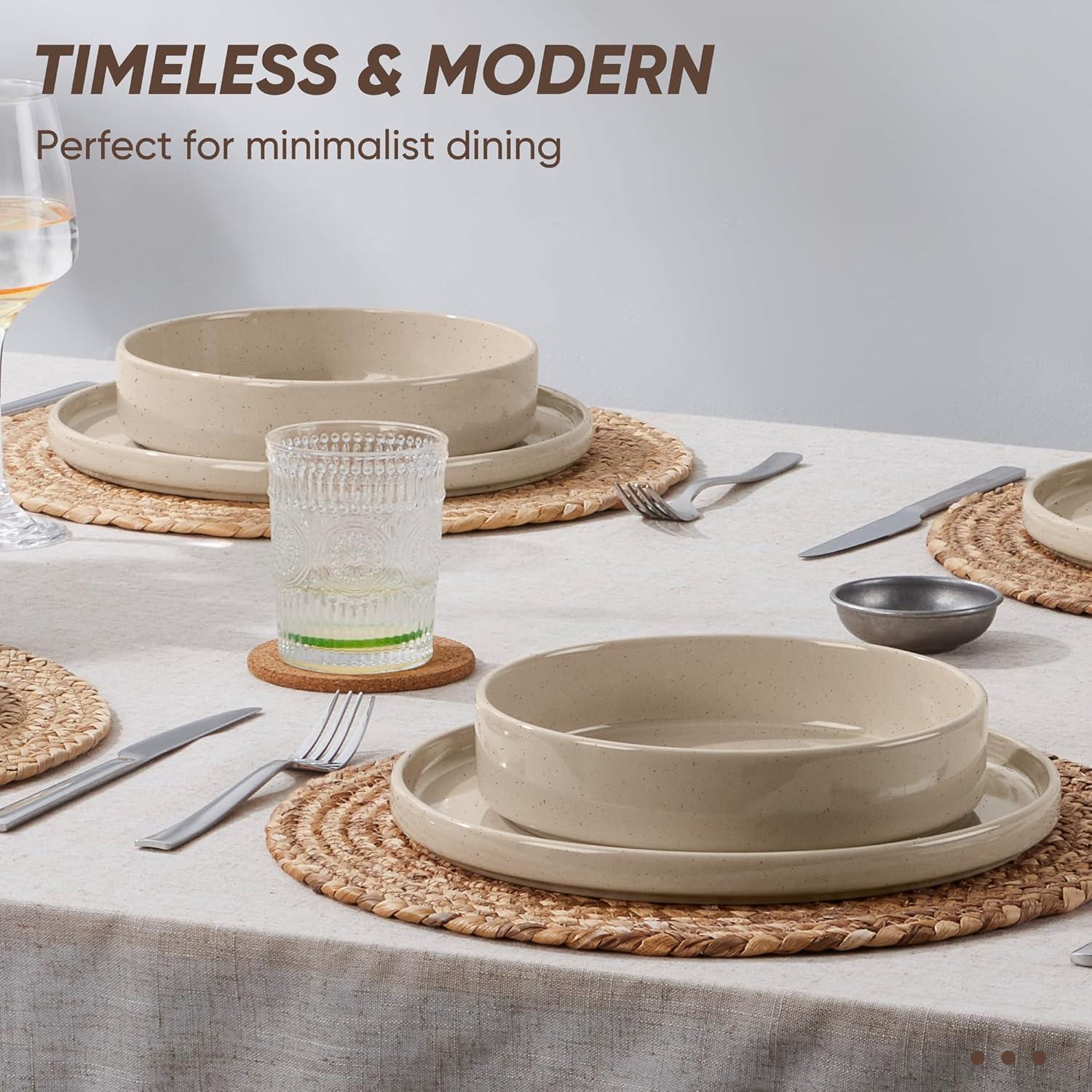 image:imageEfar 16Piece Black Plates and Bowls Sets  Stoneware Dinnerware Sets with Pasta Bowls for 4  Matte Black Kitchen Modern Dish Set Microwave amp Dishwasher SafeBright Khaki