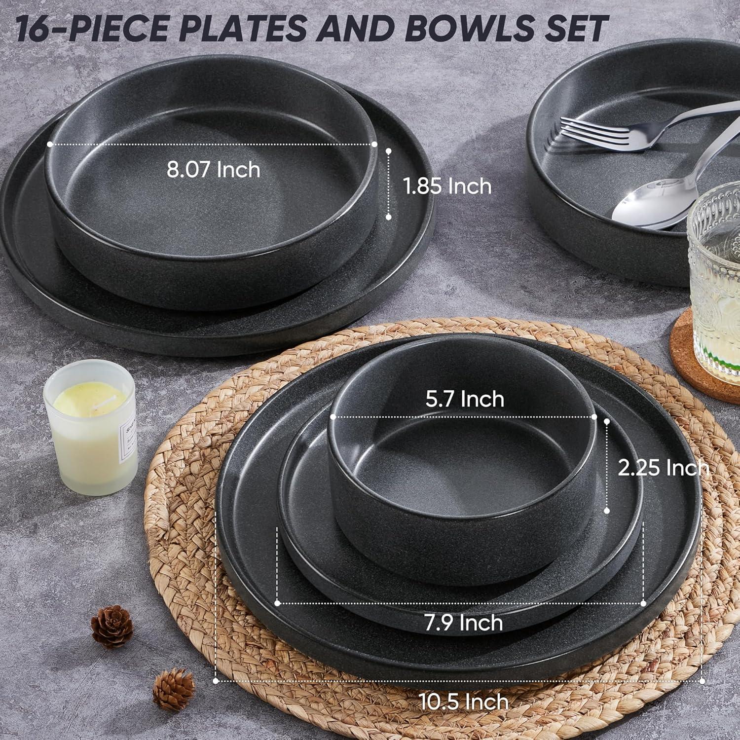 image:imageEfar 16Piece Black Plates and Bowls Sets  Stoneware Dinnerware Sets with Pasta Bowls for 4  Matte Black Kitchen Modern Dish Set Microwave amp Dishwasher SafeDeep Gray