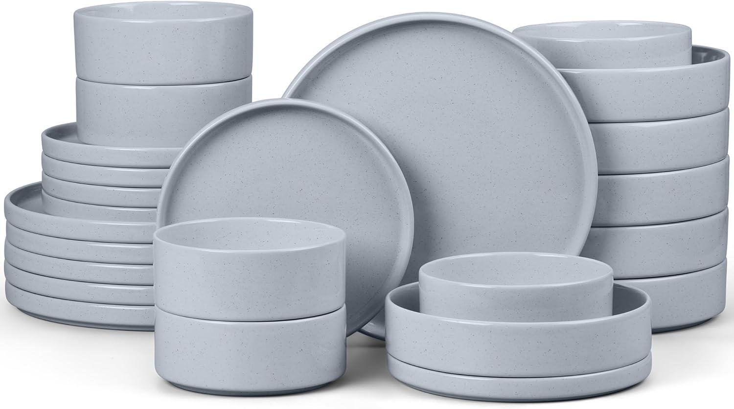 image:imageEfar 16Piece Black Plates and Bowls Sets  Stoneware Dinnerware Sets with Pasta Bowls for 4  Matte Black Kitchen Modern Dish Set Microwave amp Dishwasher SafeHaze Gray