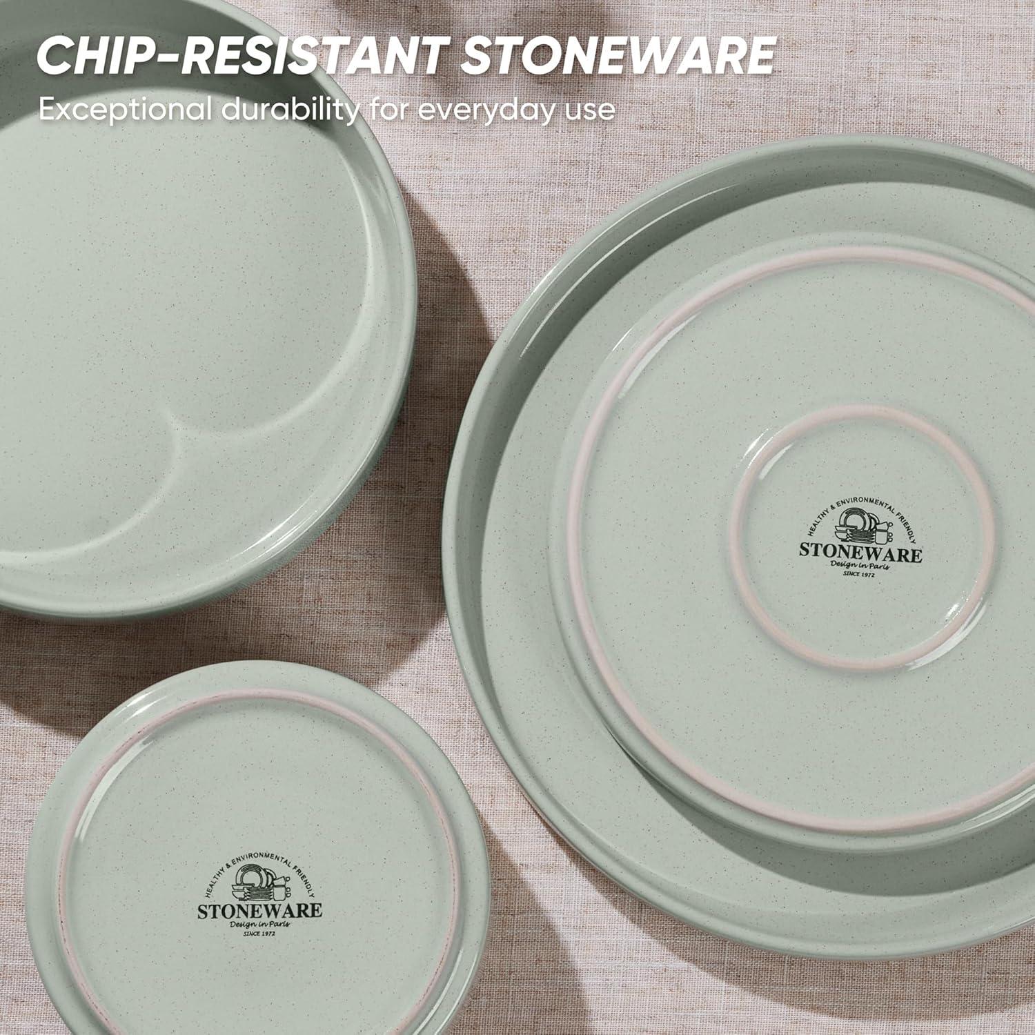 image:imageEfar 16Piece Black Plates and Bowls Sets  Stoneware Dinnerware Sets with Pasta Bowls for 4  Matte Black Kitchen Modern Dish Set Microwave amp Dishwasher SafeMist Green