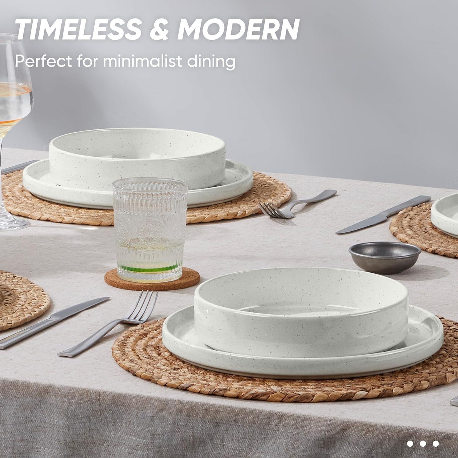 image:imageEfar 16Piece Black Plates and Bowls Sets  Stoneware Dinnerware Sets with Pasta Bowls for 4  Matte Black Kitchen Modern Dish Set Microwave amp Dishwasher SafeStone White