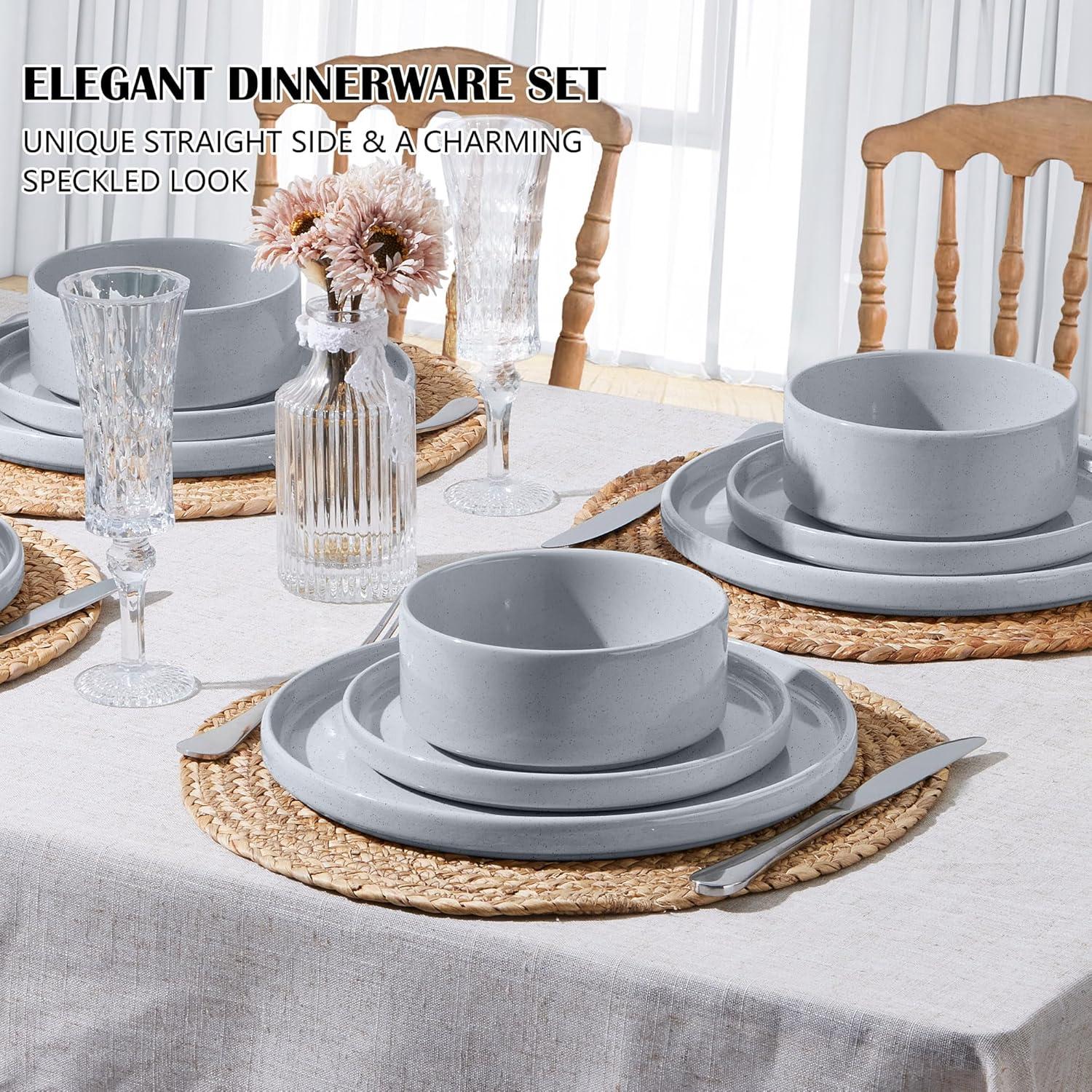 image:imageEfar 16Piece Black Plates and Bowls Sets  Stoneware Dinnerware Sets with Pasta Bowls for 4  Matte Black Kitchen Modern Dish Set Microwave amp Dishwasher SafeHaze Gray