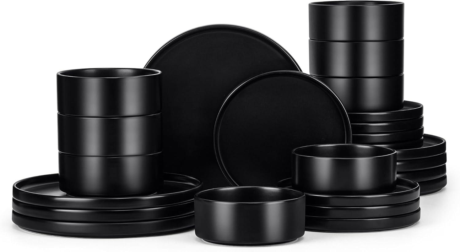 image:imageEfar 16Piece Black Plates and Bowls Sets  Stoneware Dinnerware Sets with Pasta Bowls for 4  Matte Black Kitchen Modern Dish Set Microwave amp Dishwasher SafeMatte Black