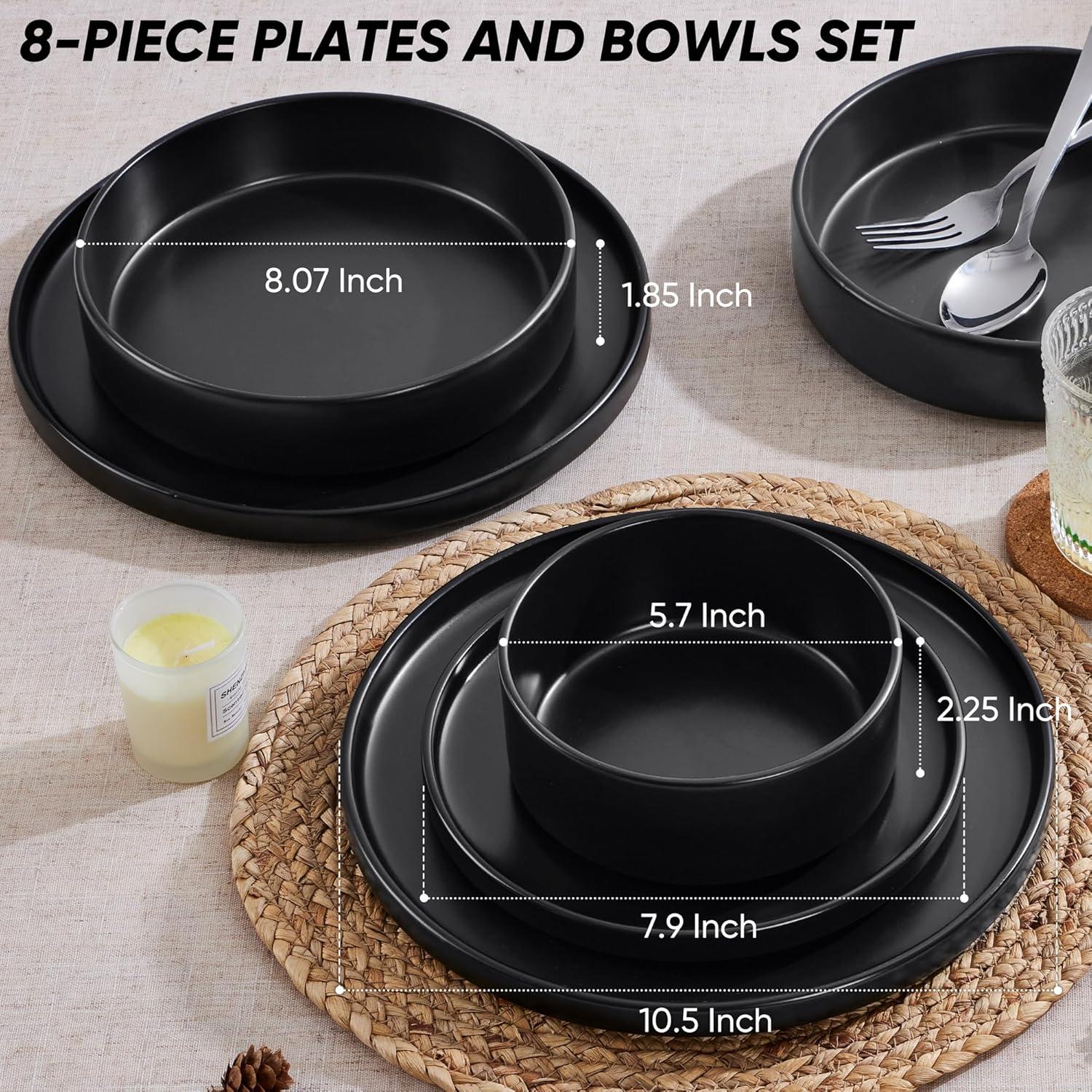 image:imageEfar 16Piece Black Plates and Bowls Sets  Stoneware Dinnerware Sets with Pasta Bowls for 4  Matte Black Kitchen Modern Dish Set Microwave amp Dishwasher SafeMatte Black