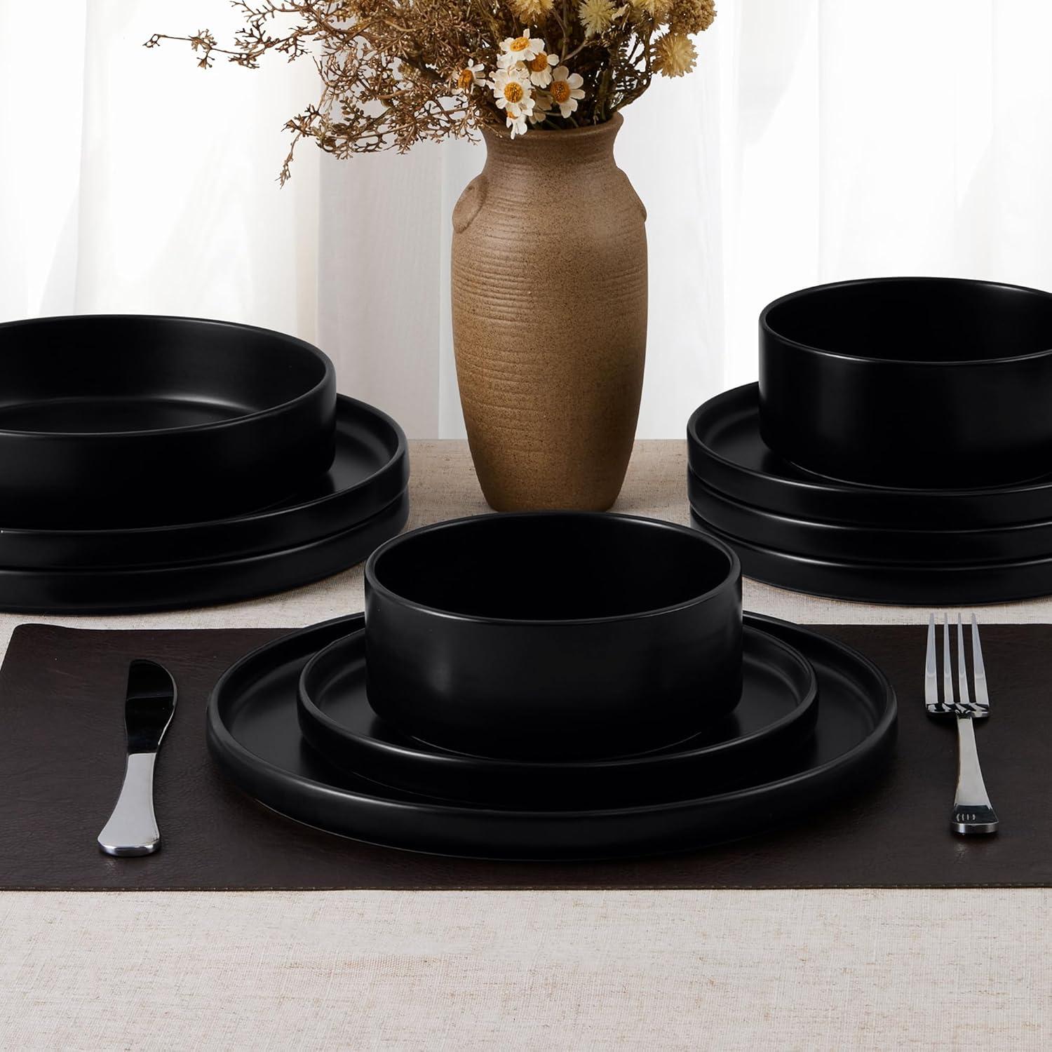 image:imageEfar 16Piece Black Plates and Bowls Sets  Stoneware Dinnerware Sets with Pasta Bowls for 4  Matte Black Kitchen Modern Dish Set Microwave amp Dishwasher SafeMatte Black