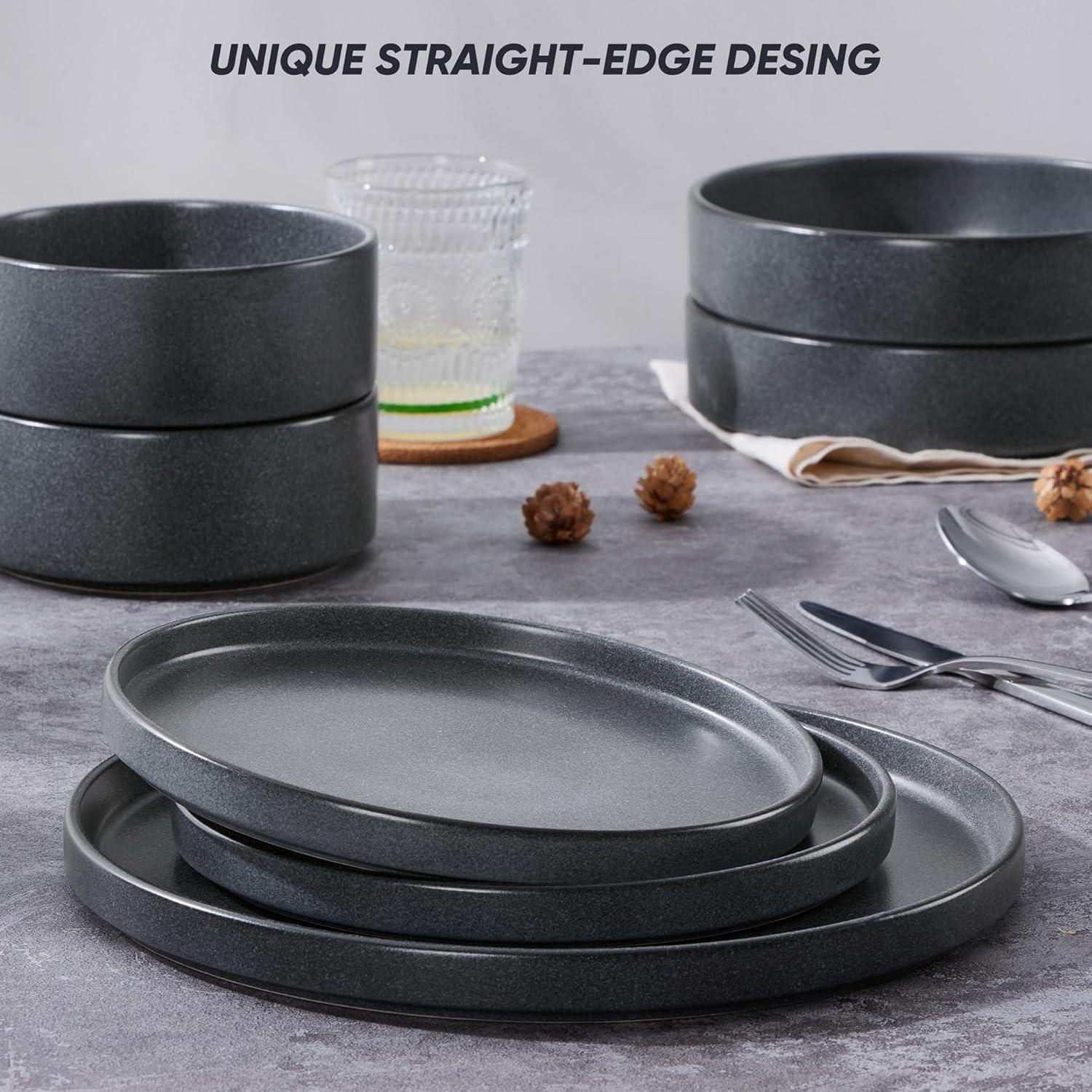image:imageEfar 16Piece Black Plates and Bowls Sets  Stoneware Dinnerware Sets with Pasta Bowls for 4  Matte Black Kitchen Modern Dish Set Microwave amp Dishwasher SafeDeep Gray