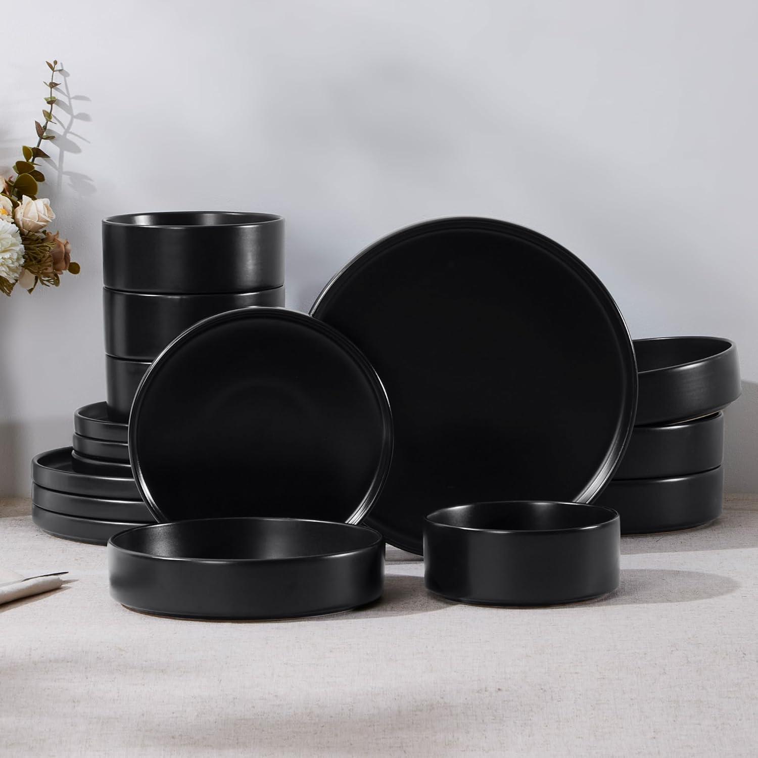 image:imageEfar 16Piece Black Plates and Bowls Sets  Stoneware Dinnerware Sets with Pasta Bowls for 4  Matte Black Kitchen Modern Dish Set Microwave amp Dishwasher SafeMatte Black