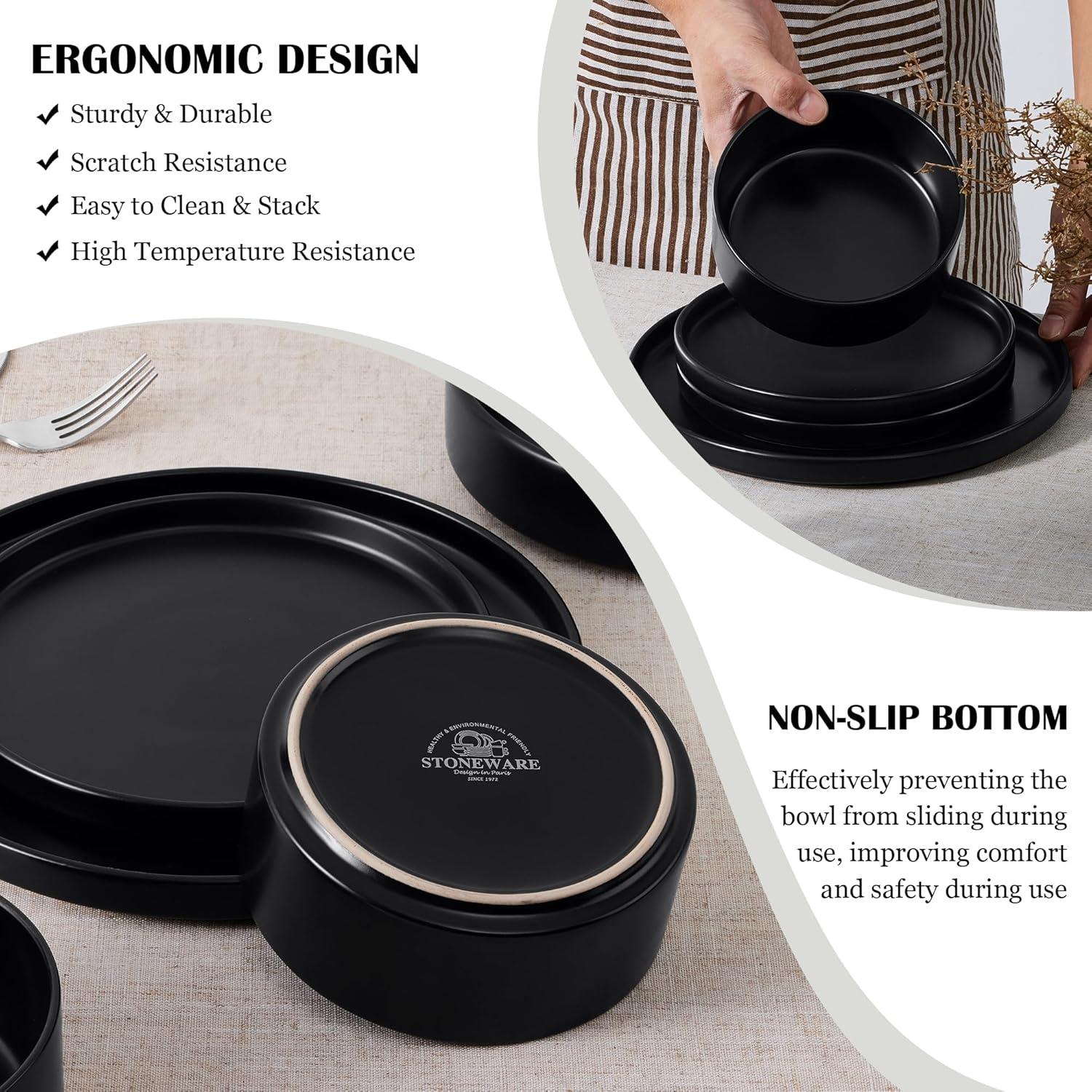 image:imageEfar 16Piece Black Plates and Bowls Sets  Stoneware Dinnerware Sets with Pasta Bowls for 4  Matte Black Kitchen Modern Dish Set Microwave amp Dishwasher SafeMatte Black