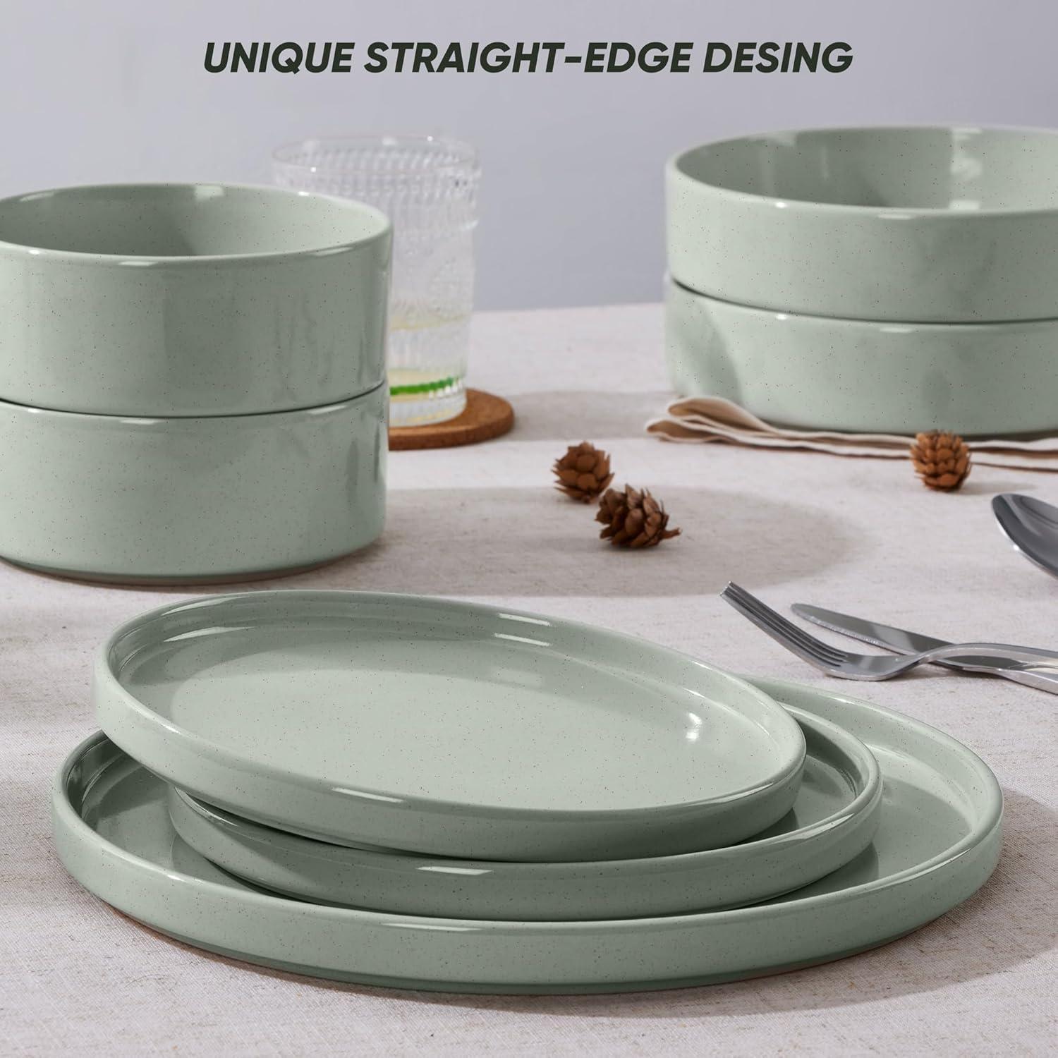 image:imageEfar 16Piece Black Plates and Bowls Sets  Stoneware Dinnerware Sets with Pasta Bowls for 4  Matte Black Kitchen Modern Dish Set Microwave amp Dishwasher SafeMist Green