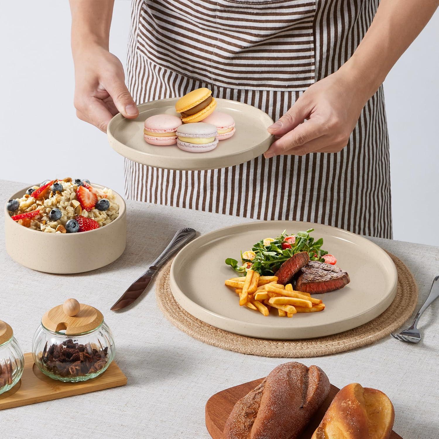 image:imageEfar 16Piece Black Plates and Bowls Sets  Stoneware Dinnerware Sets with Pasta Bowls for 4  Matte Black Kitchen Modern Dish Set Microwave amp Dishwasher SafeBright Khaki