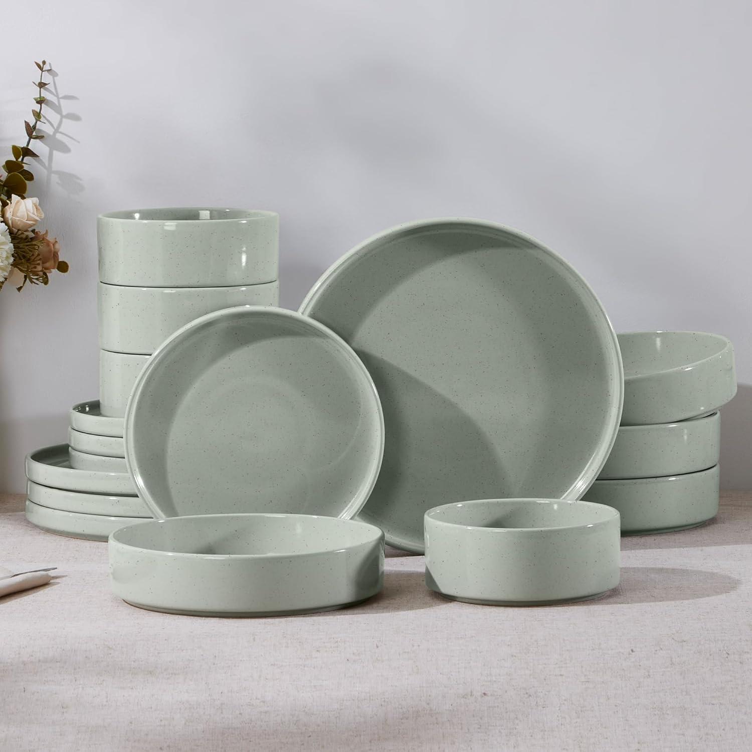 image:imageEfar 16Piece Black Plates and Bowls Sets  Stoneware Dinnerware Sets with Pasta Bowls for 4  Matte Black Kitchen Modern Dish Set Microwave amp Dishwasher SafeMist Green