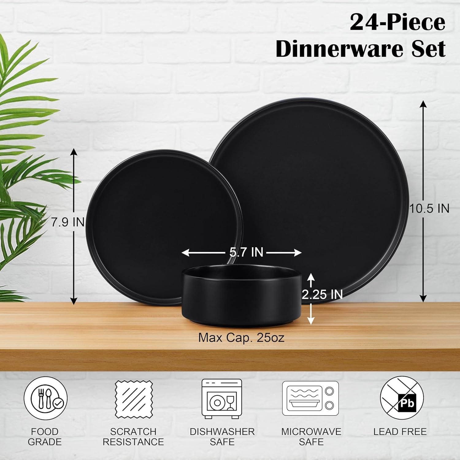 image:imageEfar 16Piece Black Plates and Bowls Sets  Stoneware Dinnerware Sets with Pasta Bowls for 4  Matte Black Kitchen Modern Dish Set Microwave amp Dishwasher SafeMatte Black