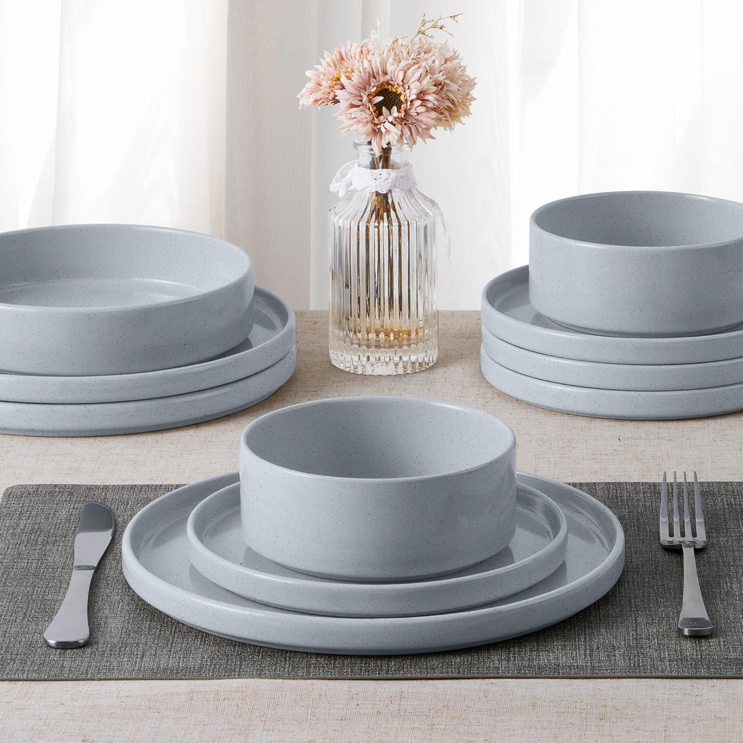 image:imageEfar 16Piece Black Plates and Bowls Sets  Stoneware Dinnerware Sets with Pasta Bowls for 4  Matte Black Kitchen Modern Dish Set Microwave amp Dishwasher SafeHaze Gray