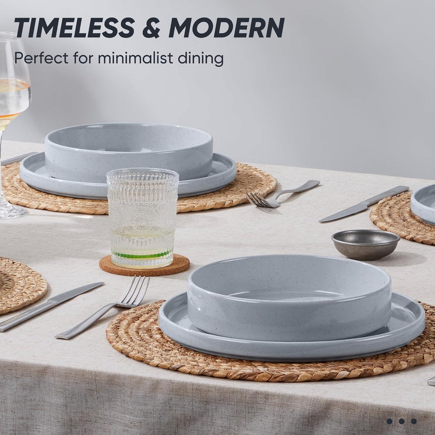 image:imageEfar 16Piece Black Plates and Bowls Sets  Stoneware Dinnerware Sets with Pasta Bowls for 4  Matte Black Kitchen Modern Dish Set Microwave amp Dishwasher SafeHaze Gray