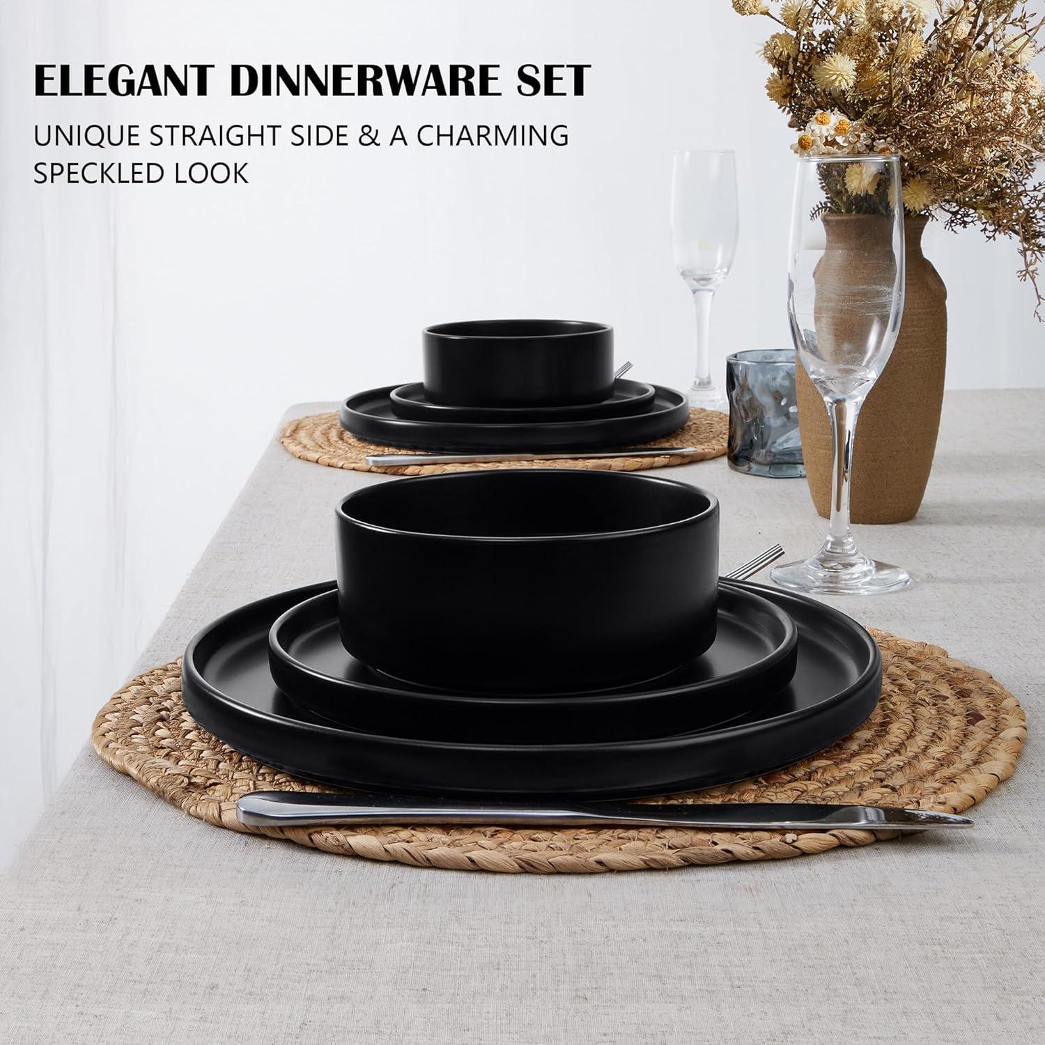image:imageEfar 16Piece Black Plates and Bowls Sets  Stoneware Dinnerware Sets with Pasta Bowls for 4  Matte Black Kitchen Modern Dish Set Microwave amp Dishwasher SafeMatte Black