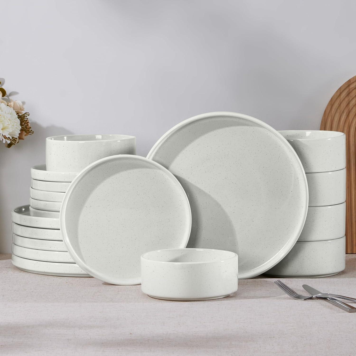 image:imageEfar 16Piece Black Plates and Bowls Sets  Stoneware Dinnerware Sets with Pasta Bowls for 4  Matte Black Kitchen Modern Dish Set Microwave amp Dishwasher SafeStone White