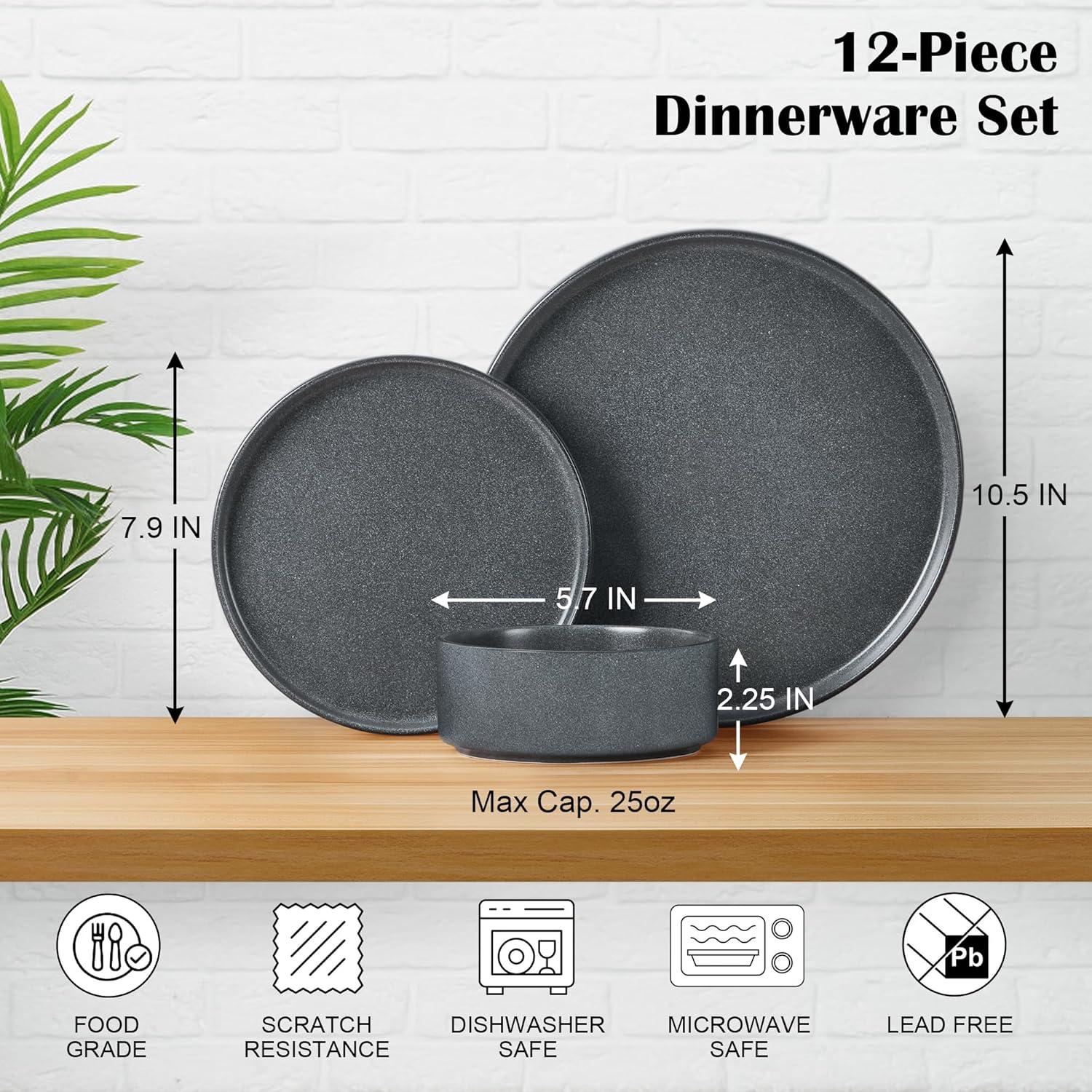 image:imageEfar 16Piece Black Plates and Bowls Sets  Stoneware Dinnerware Sets with Pasta Bowls for 4  Matte Black Kitchen Modern Dish Set Microwave amp Dishwasher SafeDeep Gray