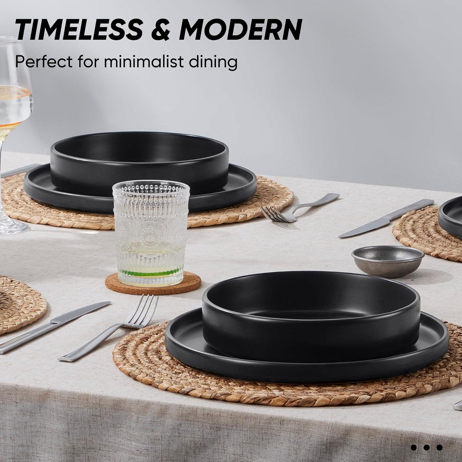 image:imageEfar 16Piece Black Plates and Bowls Sets  Stoneware Dinnerware Sets with Pasta Bowls for 4  Matte Black Kitchen Modern Dish Set Microwave amp Dishwasher SafeMatte Black