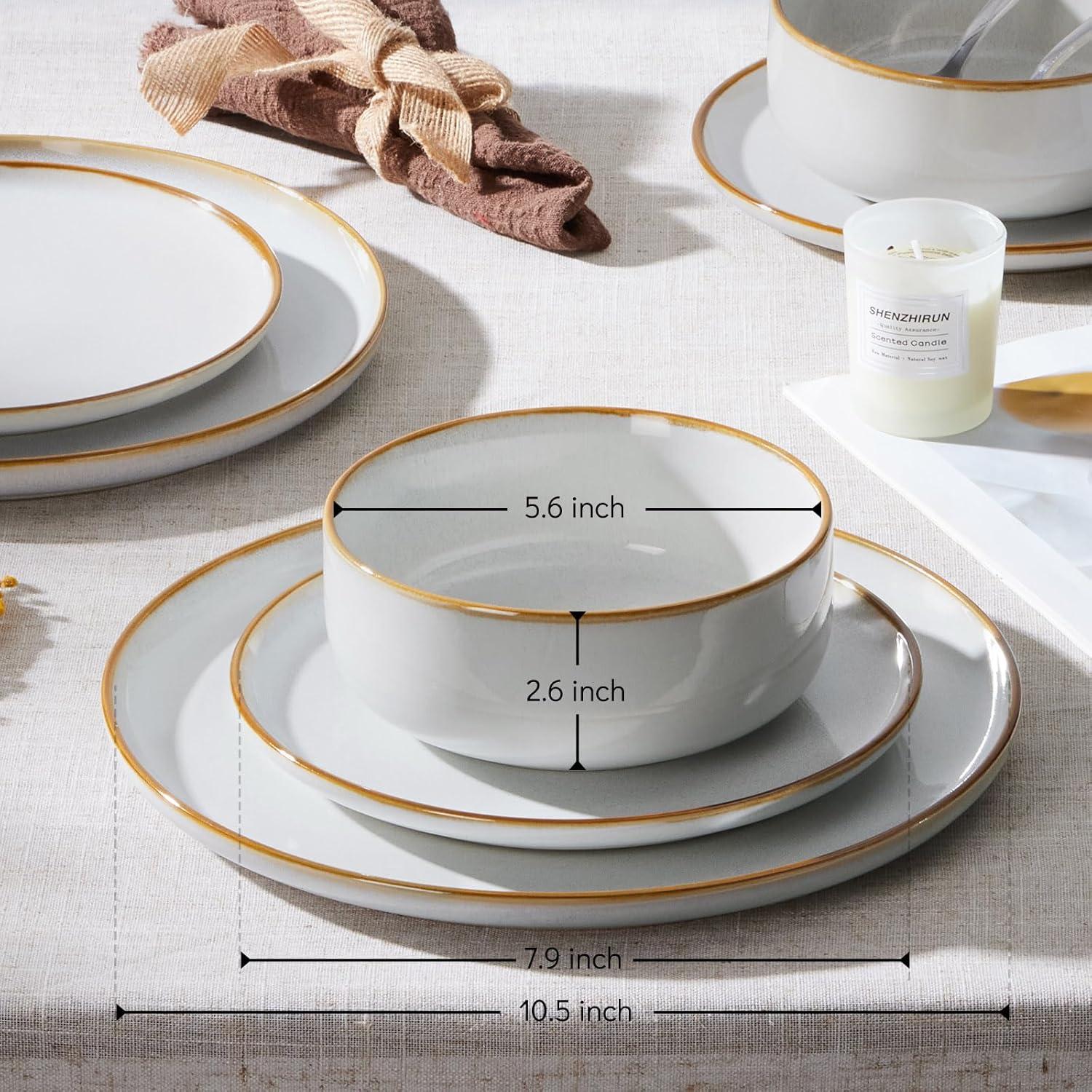image:imageEfar Dinnerware Sets for 4 12Piece Stoneware Plates and Bowls Set Ceramic Dishes Reactive Glaze Dinning Ware Microwave amp Dishwasher Safe  Obsidian GreenSeashell White