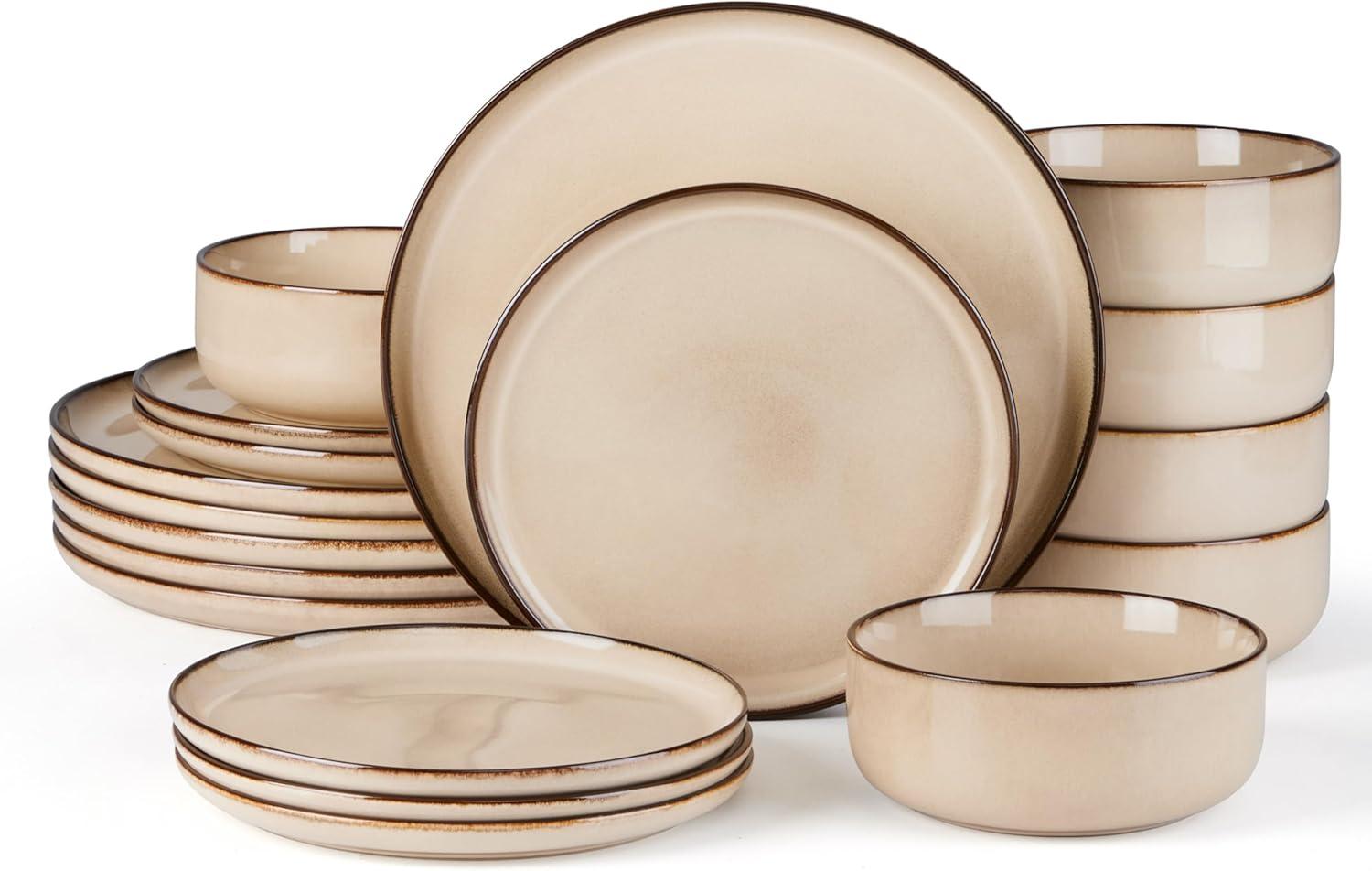 image:imageEfar Dinnerware Sets for 4 12Piece Stoneware Plates and Bowls Set Ceramic Dishes Reactive Glaze Dinning Ware Microwave amp Dishwasher Safe  Obsidian GreenSandy Beige