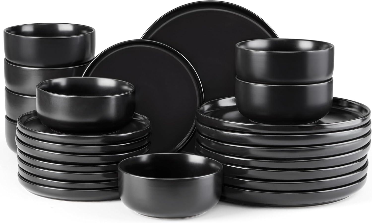 image:imageEfar Dinnerware Sets for 4 12Piece Stoneware Plates and Bowls Set Ceramic Dishes Reactive Glaze Dinning Ware Microwave amp Dishwasher Safe  Obsidian GreenMatte Black