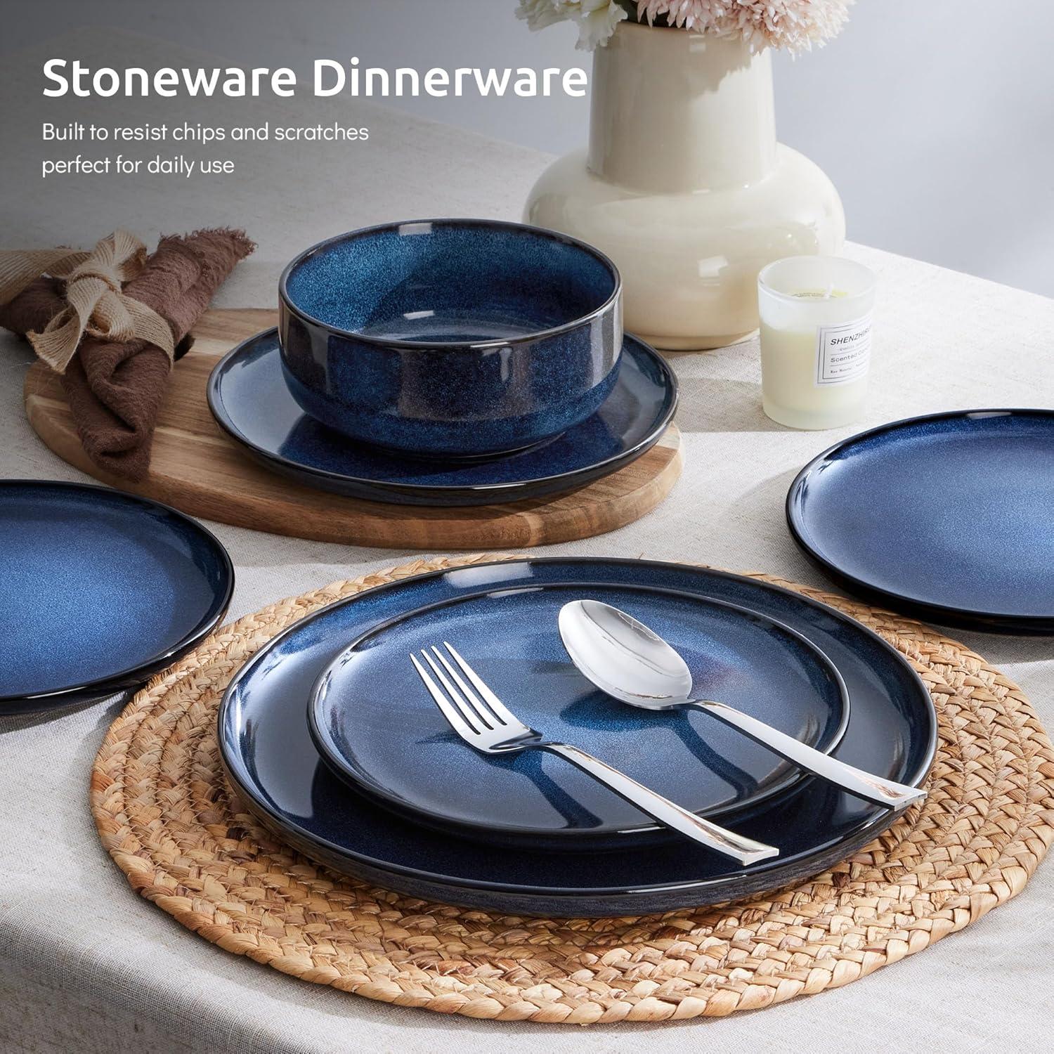 image:imageEfar Dinnerware Sets for 4 12Piece Stoneware Plates and Bowls Set Ceramic Dishes Reactive Glaze Dinning Ware Microwave amp Dishwasher Safe  Obsidian GreenDeep Sea Blue