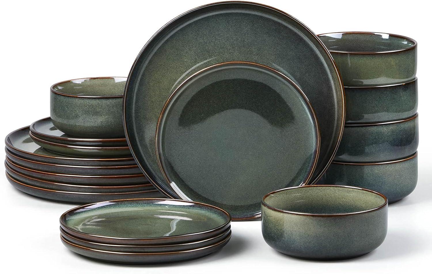 image:imageEfar Dinnerware Sets for 4 12Piece Stoneware Plates and Bowls Set Ceramic Dishes Reactive Glaze Dinning Ware Microwave amp Dishwasher Safe  Obsidian GreenObsidian Green