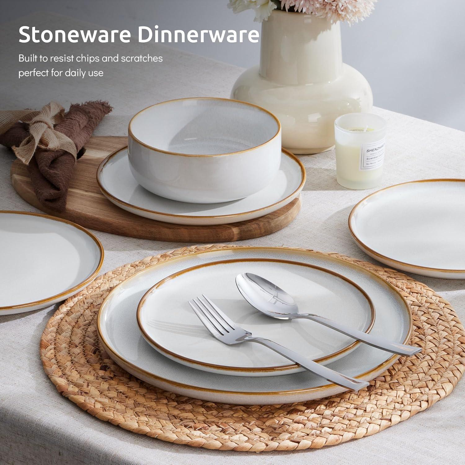 image:imageEfar Dinnerware Sets for 4 12Piece Stoneware Plates and Bowls Set Ceramic Dishes Reactive Glaze Dinning Ware Microwave amp Dishwasher Safe  Obsidian GreenSeashell White