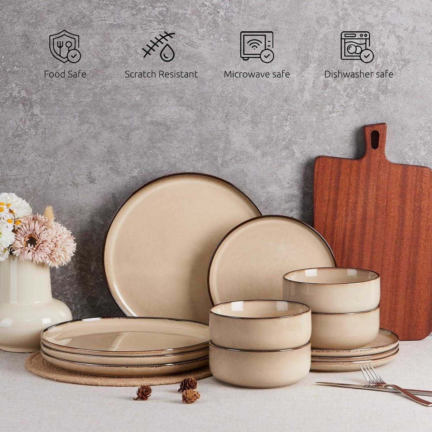 image:imageEfar Dinnerware Sets for 4 12Piece Stoneware Plates and Bowls Set Ceramic Dishes Reactive Glaze Dinning Ware Microwave amp Dishwasher Safe  Obsidian GreenSandy Beige