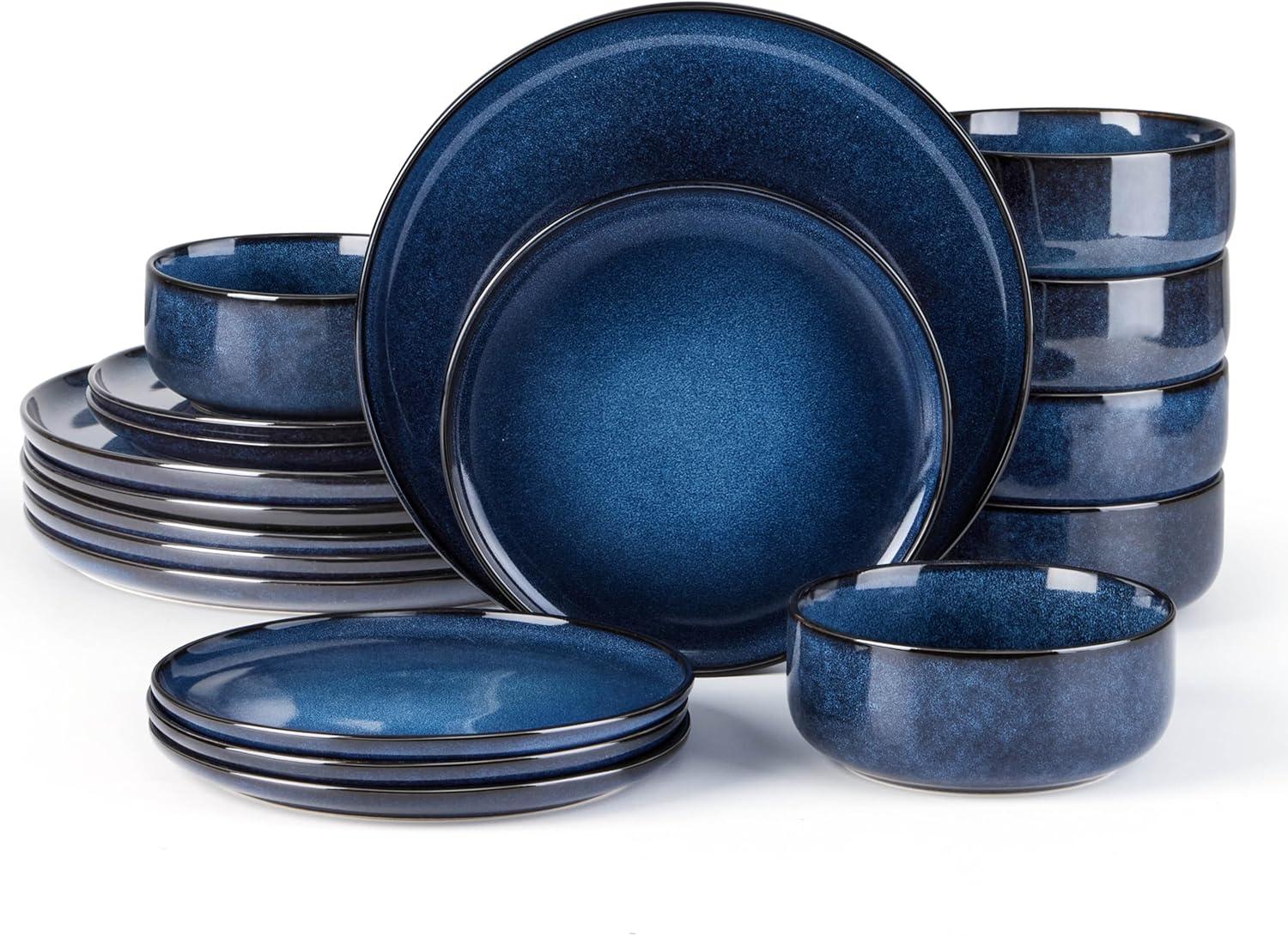 image:imageEfar Dinnerware Sets for 4 12Piece Stoneware Plates and Bowls Set Ceramic Dishes Reactive Glaze Dinning Ware Microwave amp Dishwasher Safe  Obsidian GreenDeep Sea Blue