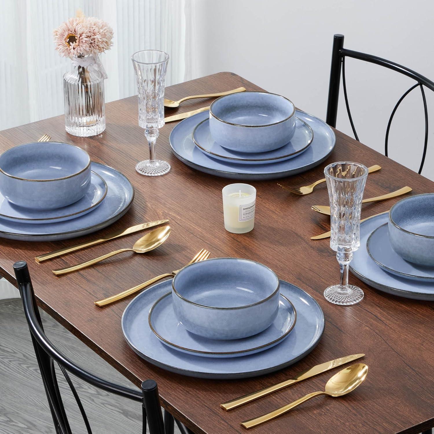 image:imageEfar Dinnerware Sets for 4 12Piece Stoneware Plates and Bowls Set Ceramic Dishes Reactive Glaze Dinning Ware Microwave amp Dishwasher Safe  Obsidian GreenOcean Blue