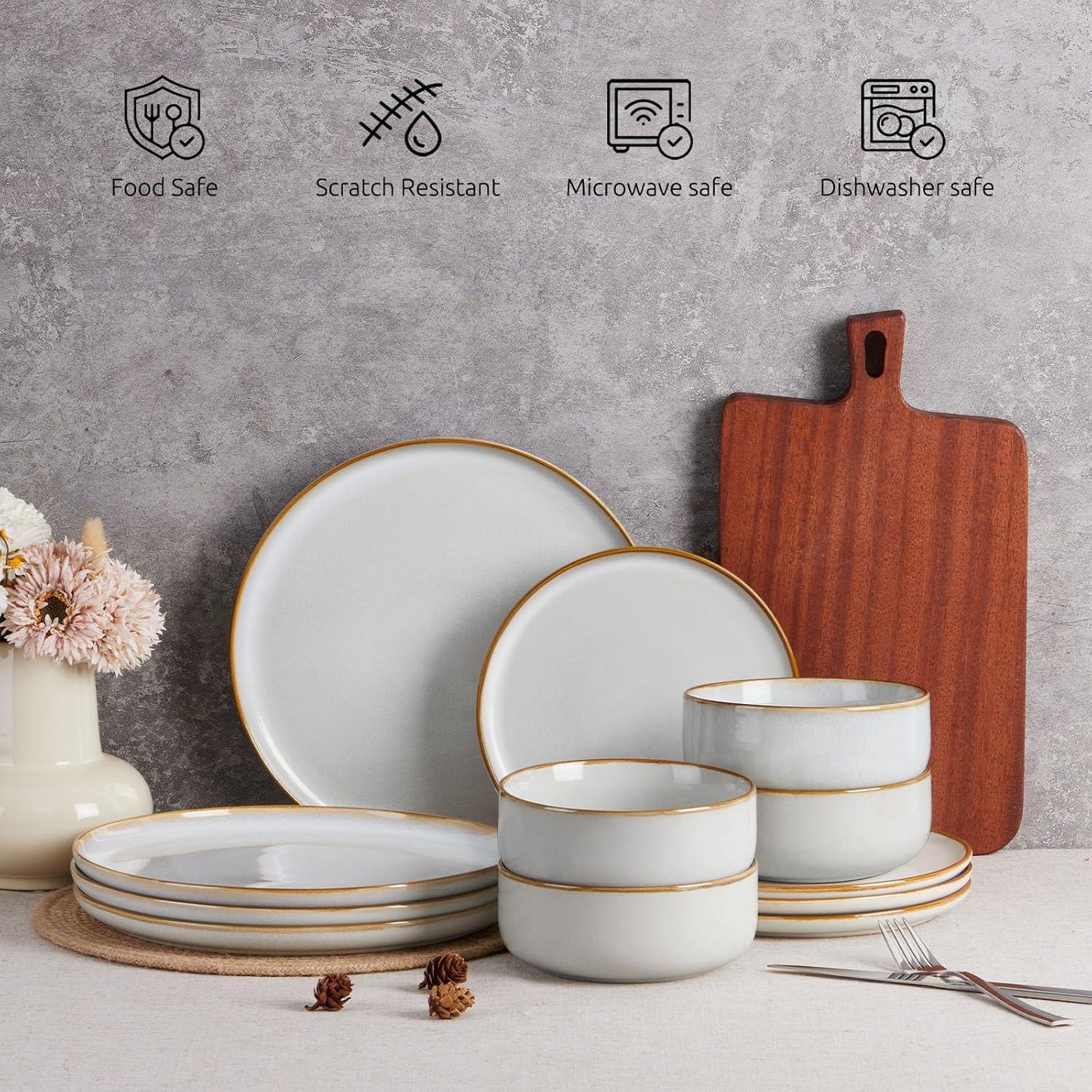 image:imageEfar Dinnerware Sets for 4 12Piece Stoneware Plates and Bowls Set Ceramic Dishes Reactive Glaze Dinning Ware Microwave amp Dishwasher Safe  Obsidian GreenSeashell White