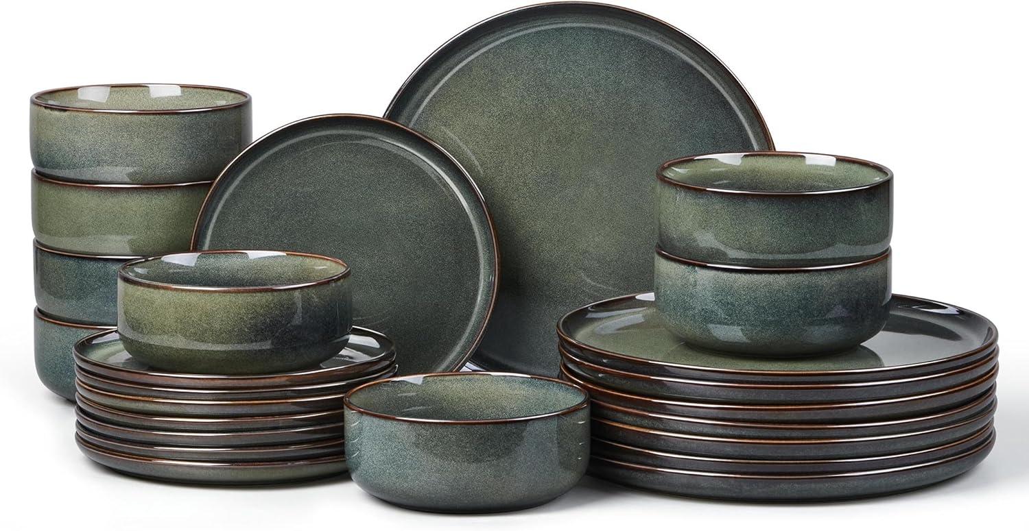 image:imageEfar Dinnerware Sets for 4 12Piece Stoneware Plates and Bowls Set Ceramic Dishes Reactive Glaze Dinning Ware Microwave amp Dishwasher Safe  Obsidian GreenObsidian Green
